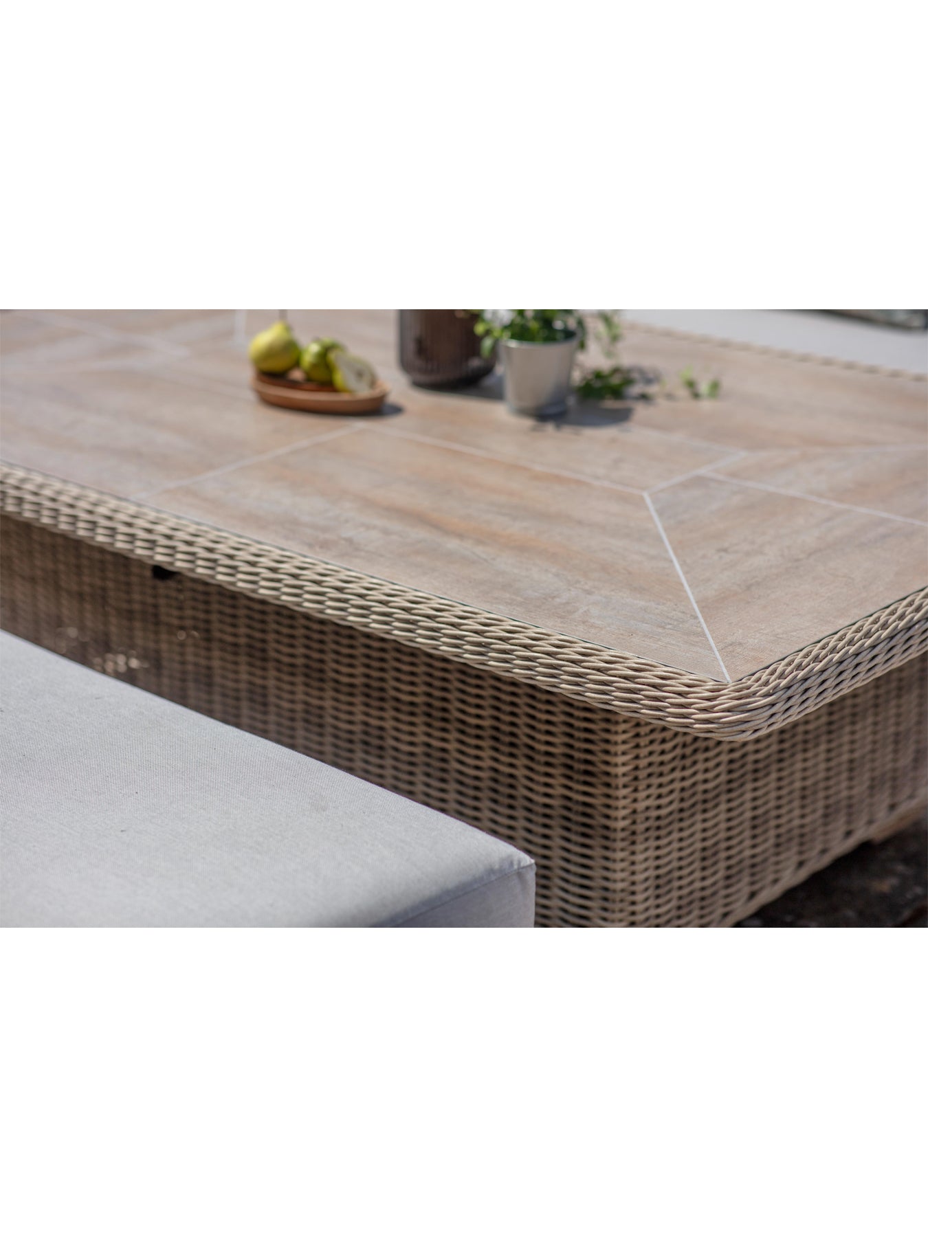 Fairford Rattan L-Shape Sofa with Rectangle Piston Adjustable Height Table Bench & Chair