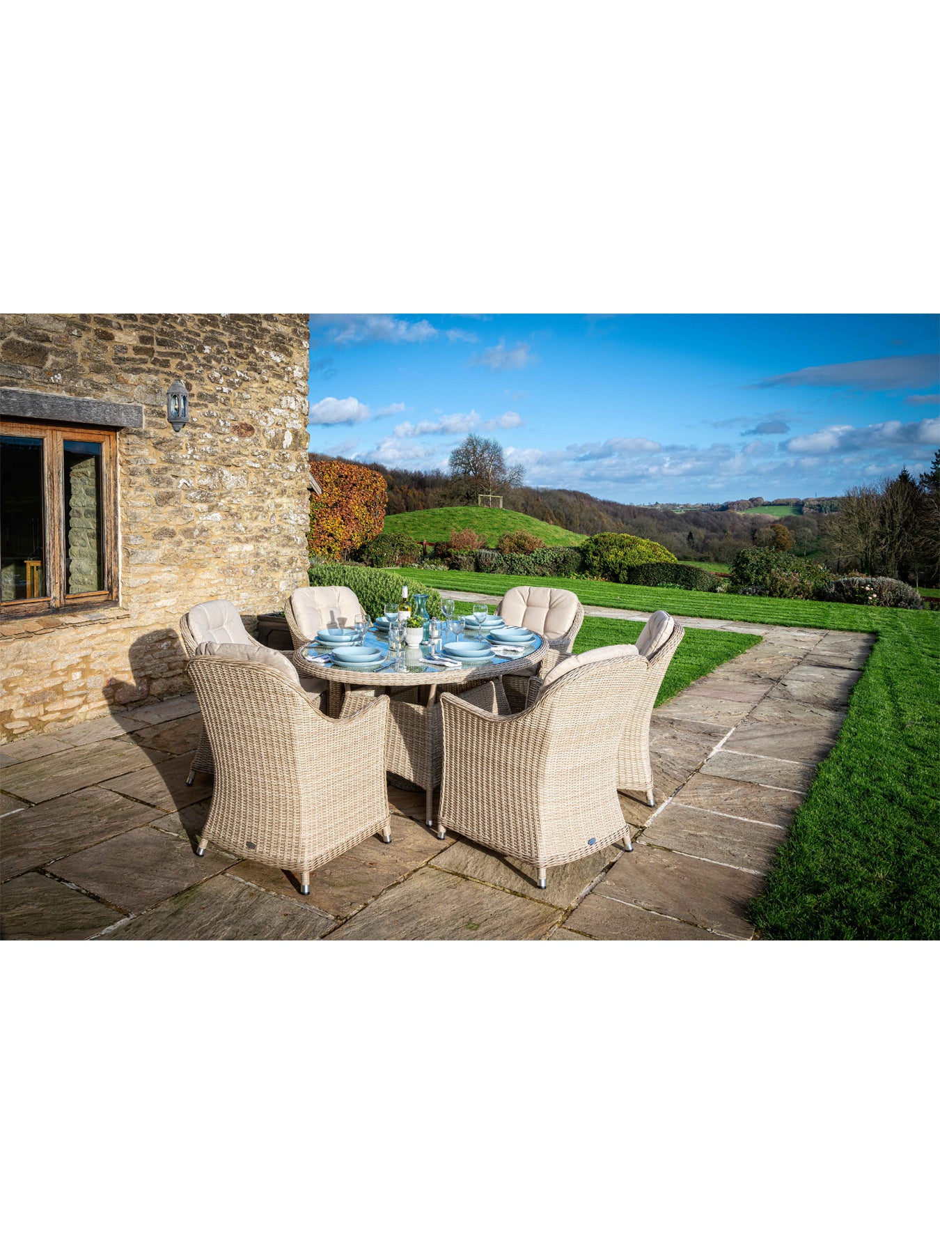 Monterey Rattan 6 Seat Elliptical Dining Set with Parasol & Base