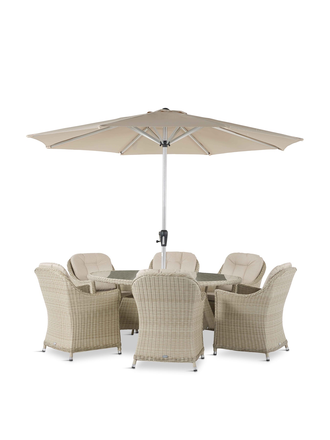 Monterey Rattan 6 Seat Elliptical Dining Set with Parasol & Base