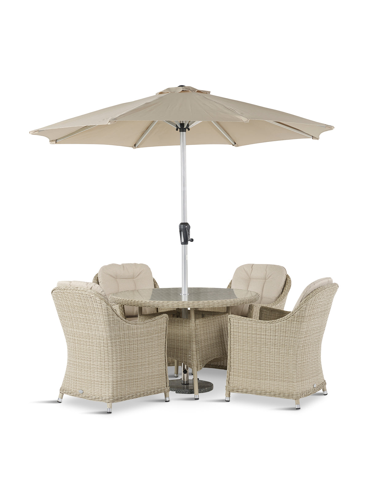 Monterey Rattan 4 Seat Round Dining Set with Parasol & Base Sandstone