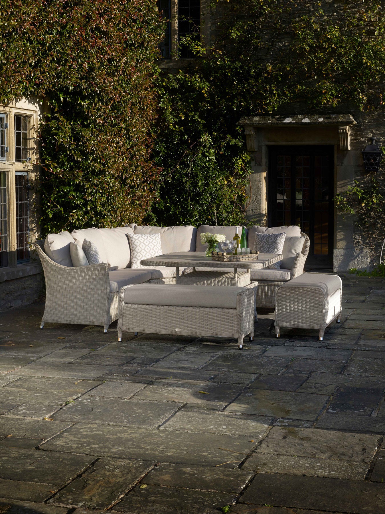 Monterey Rattan Curved Corner Sofa with Square Dual Height Table & 2 Benches