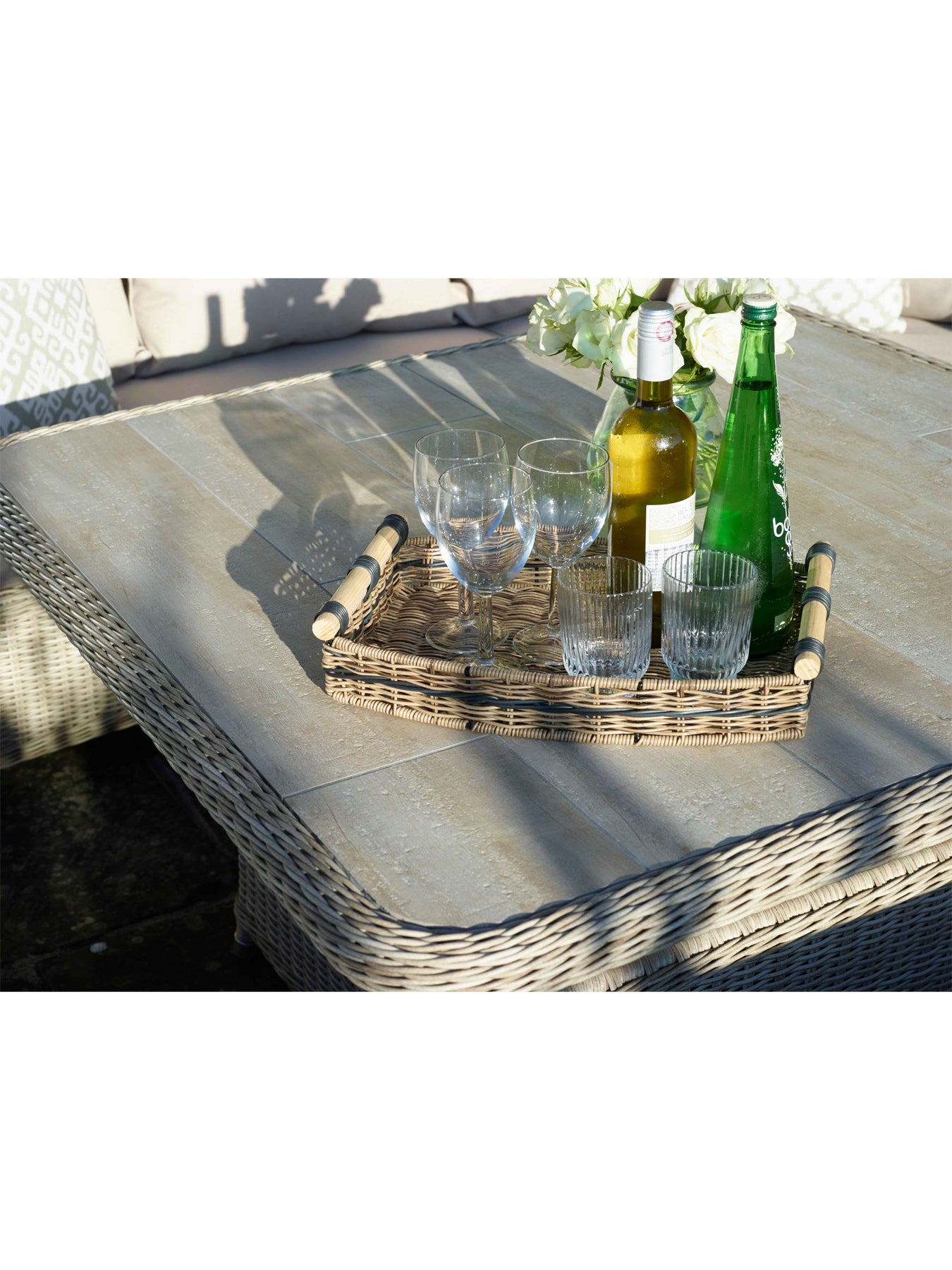 Monterey Rattan Curved Corner Sofa with Square Dual Height Table & 2 Benches