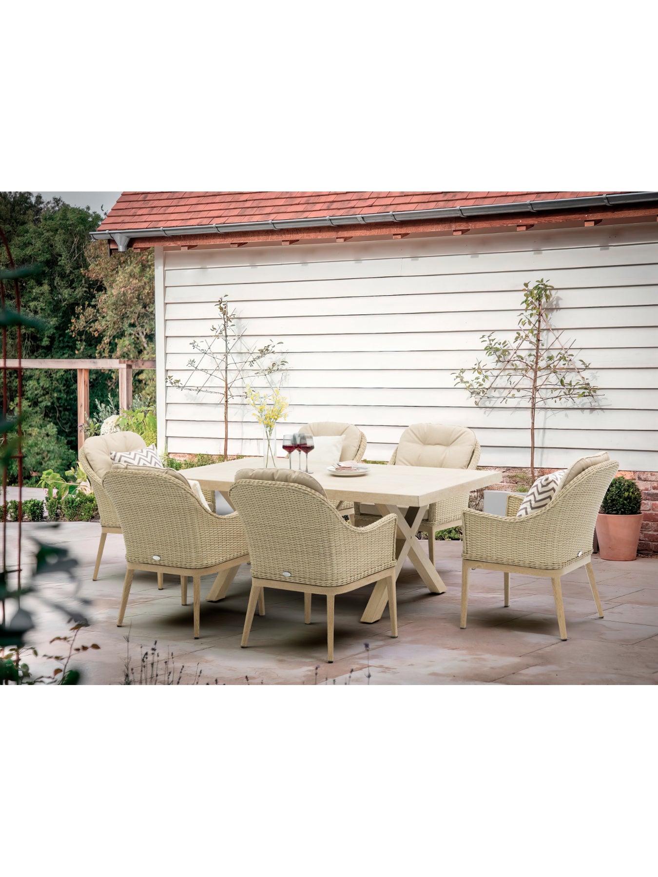 Monterey Ceramic Rectangle Dining Set with 6 Rattan Vogue Armchairs