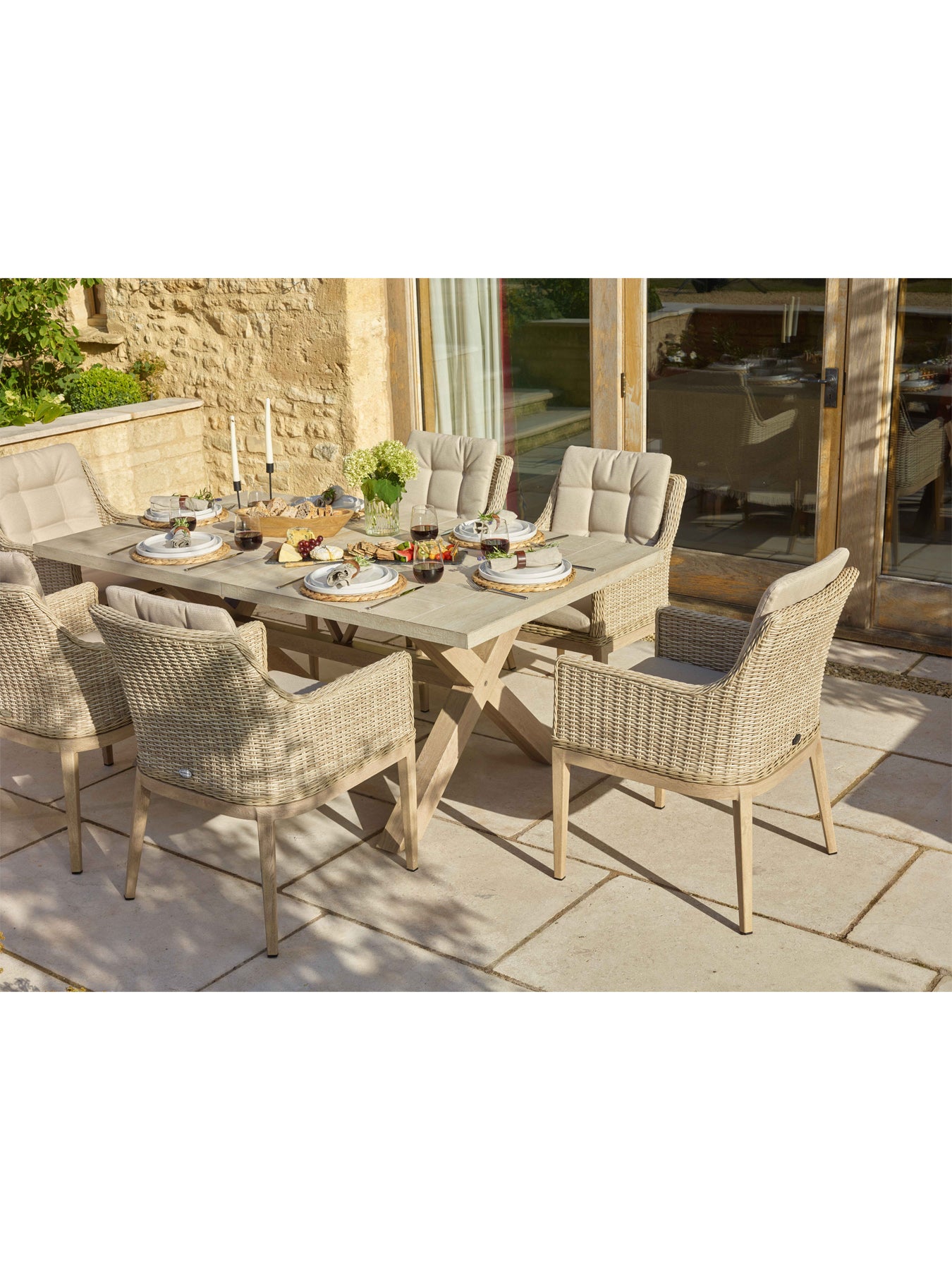 Monterey Ceramic Rectangle Dining Set with 6 Rattan Vogue Armchairs
