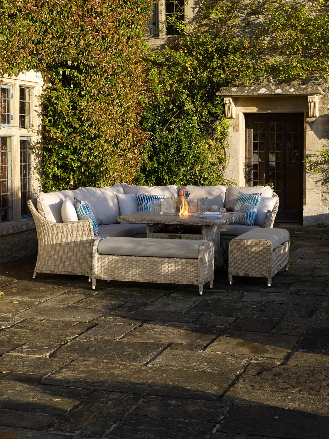 Monterey Square Sofa with Ceramic Firepit Table & Two Benches Sandstone