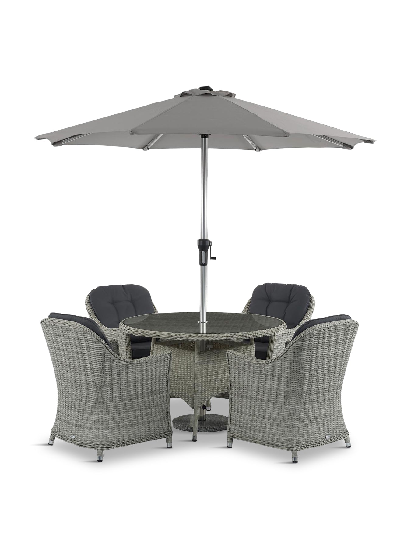 Monterey Rattan 4-Seat Round Dining Set with Parasol & Base