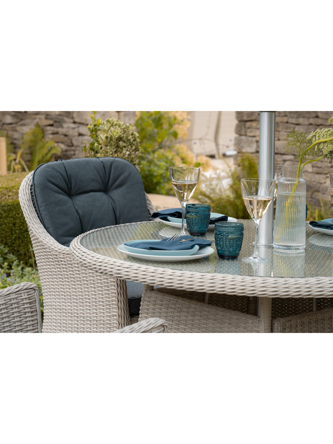 Monterey Rattan 4-Seat Round Dining Set with Parasol & Base