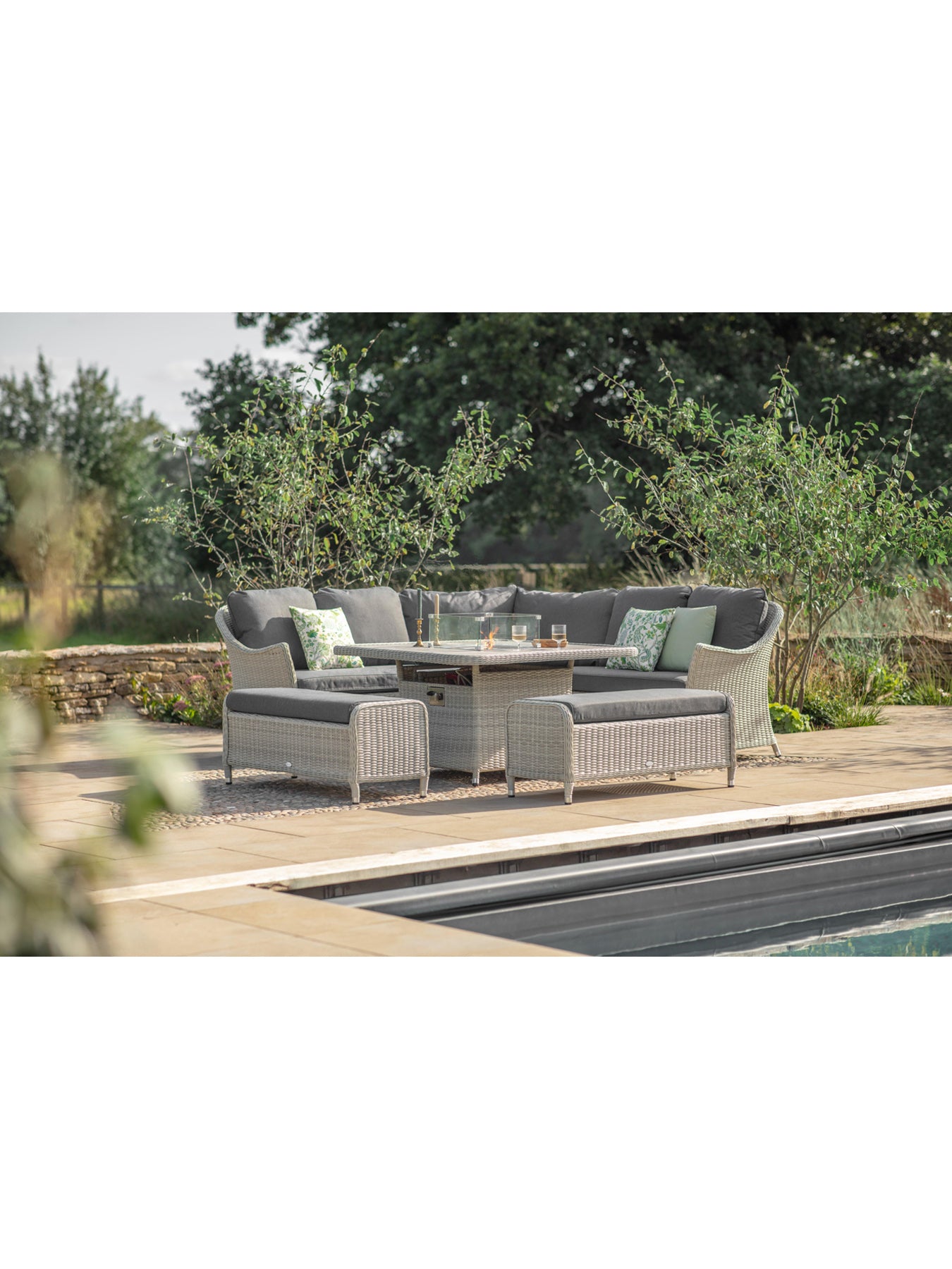 Monterey Square Sofa with Ceramic Firepit Table & Two Benches