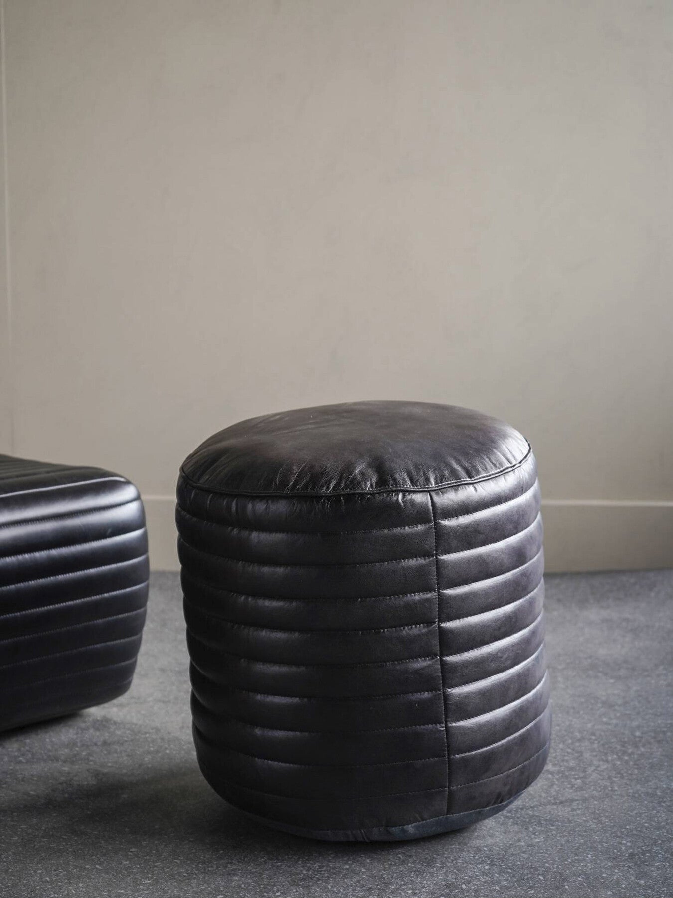 Round Leather Pouffe in Charcoal