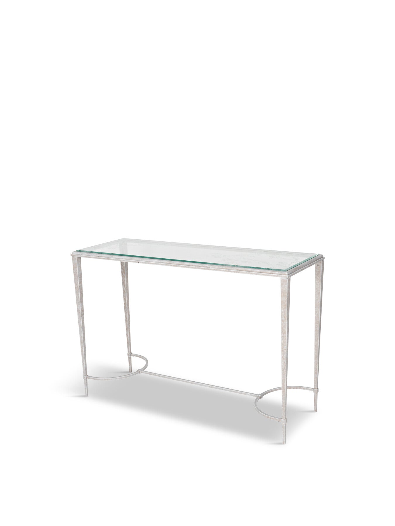 Aria Etched Glass Distressed White Iron Console Table