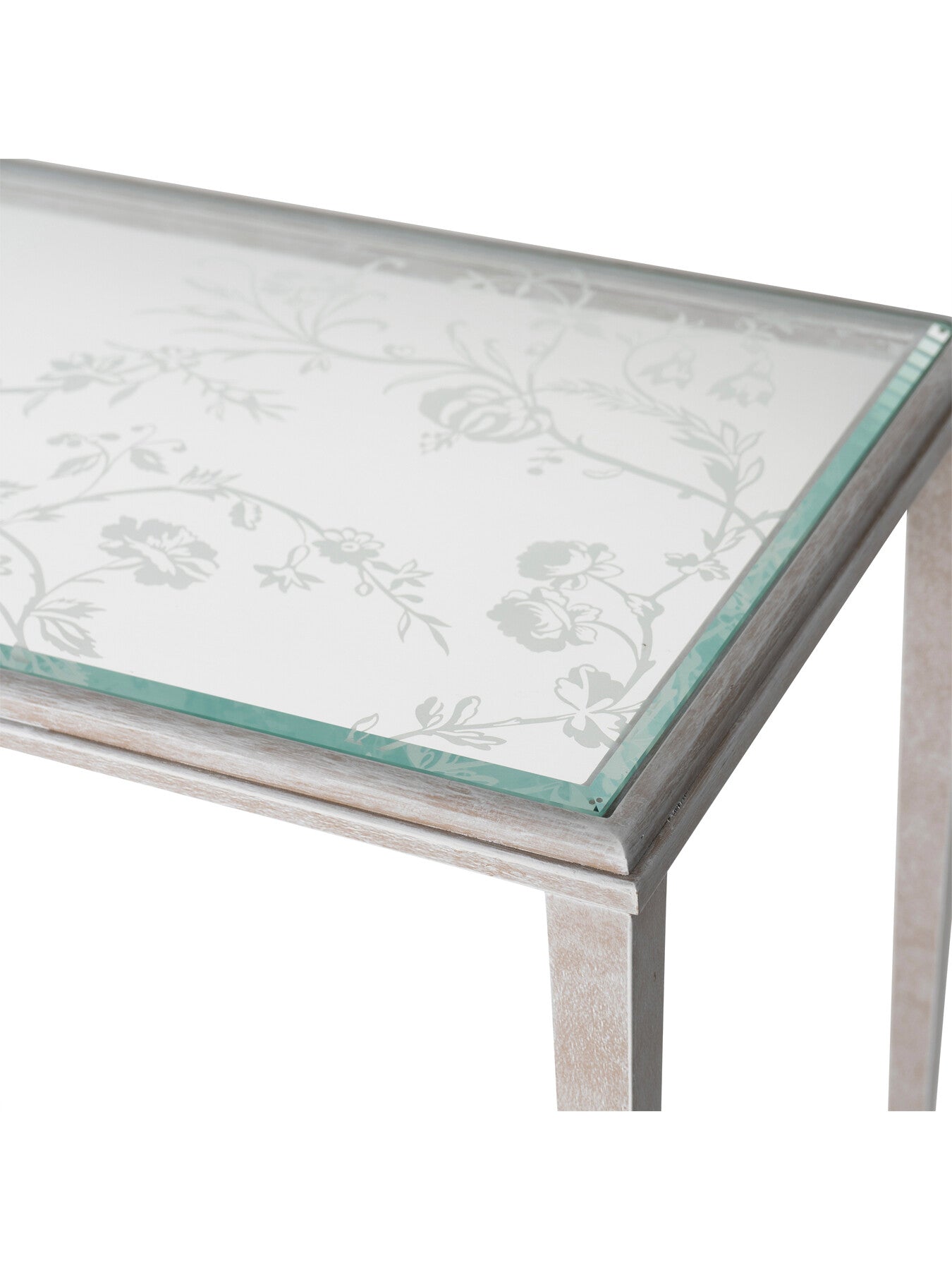 Aria Etched Glass Distressed White Iron Console Table