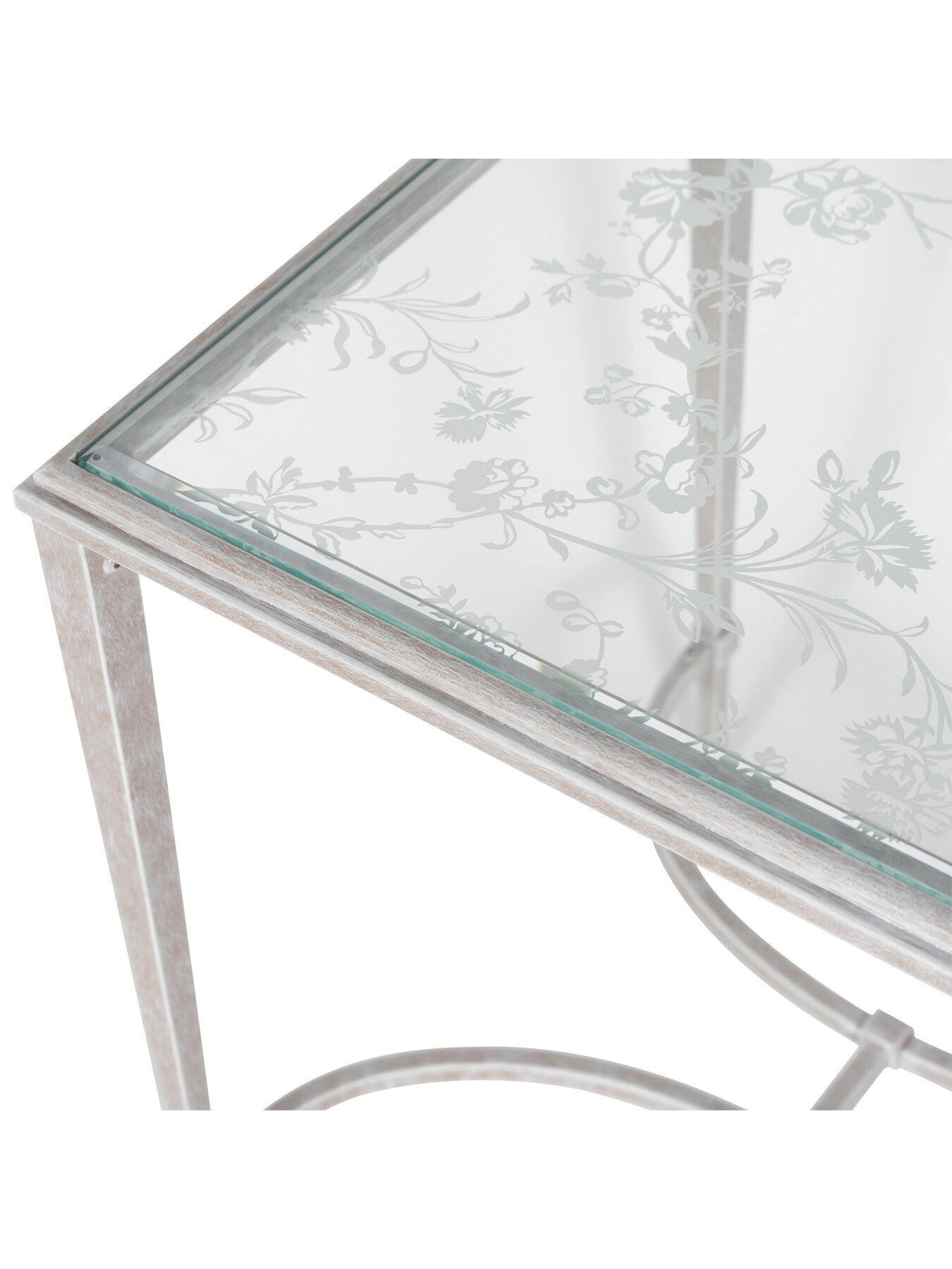 Aria Etched Glass Distressed White Iron End Table