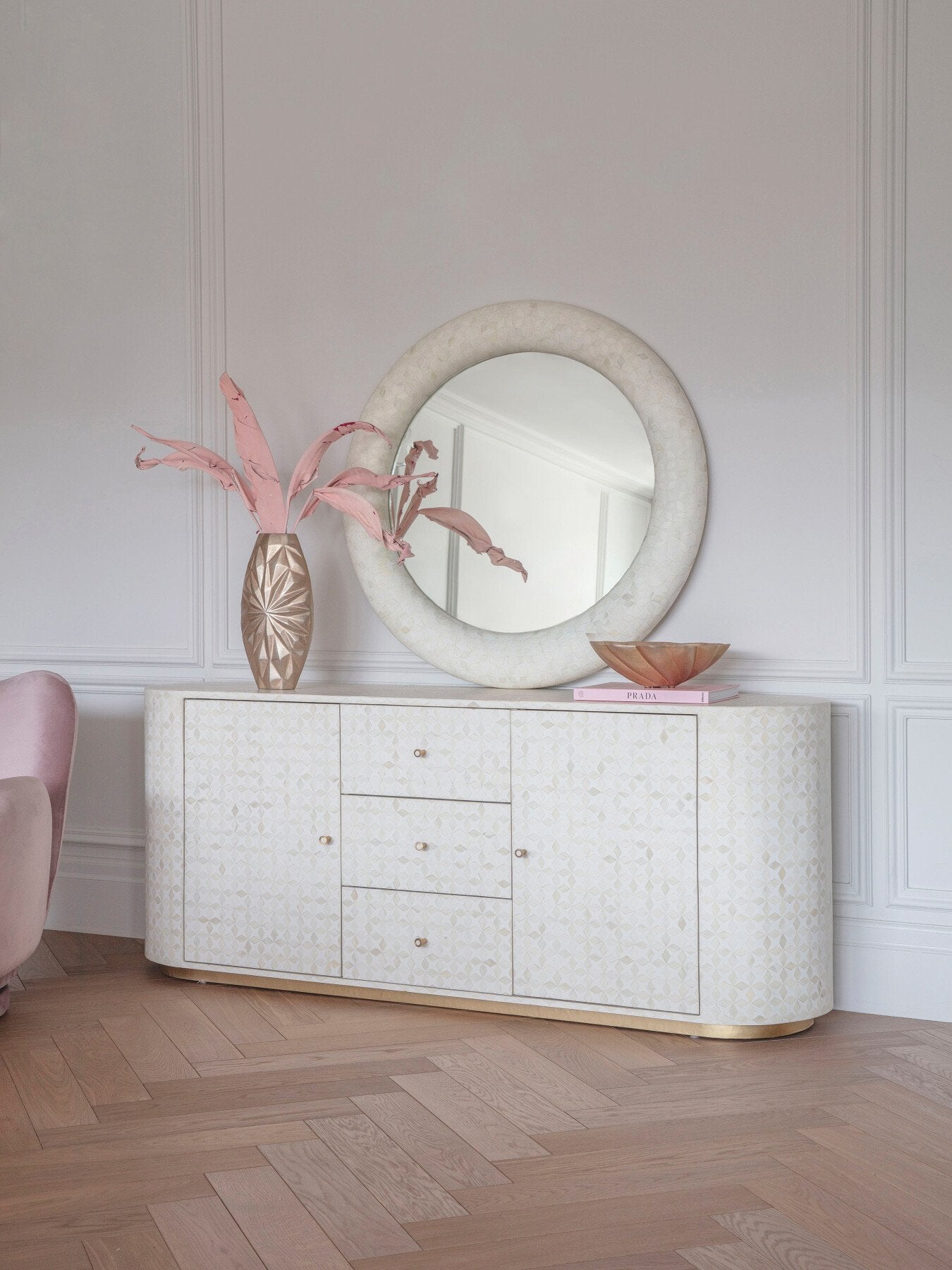Aspen Bone Inlay Round Mirror 100cm