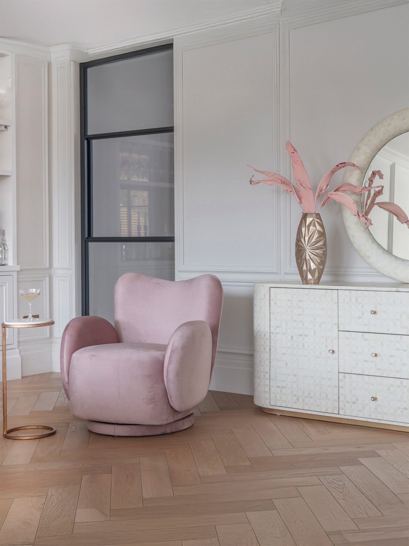 Bingham Upholstered Swivel Chair Soft Velvet Dusky Pink