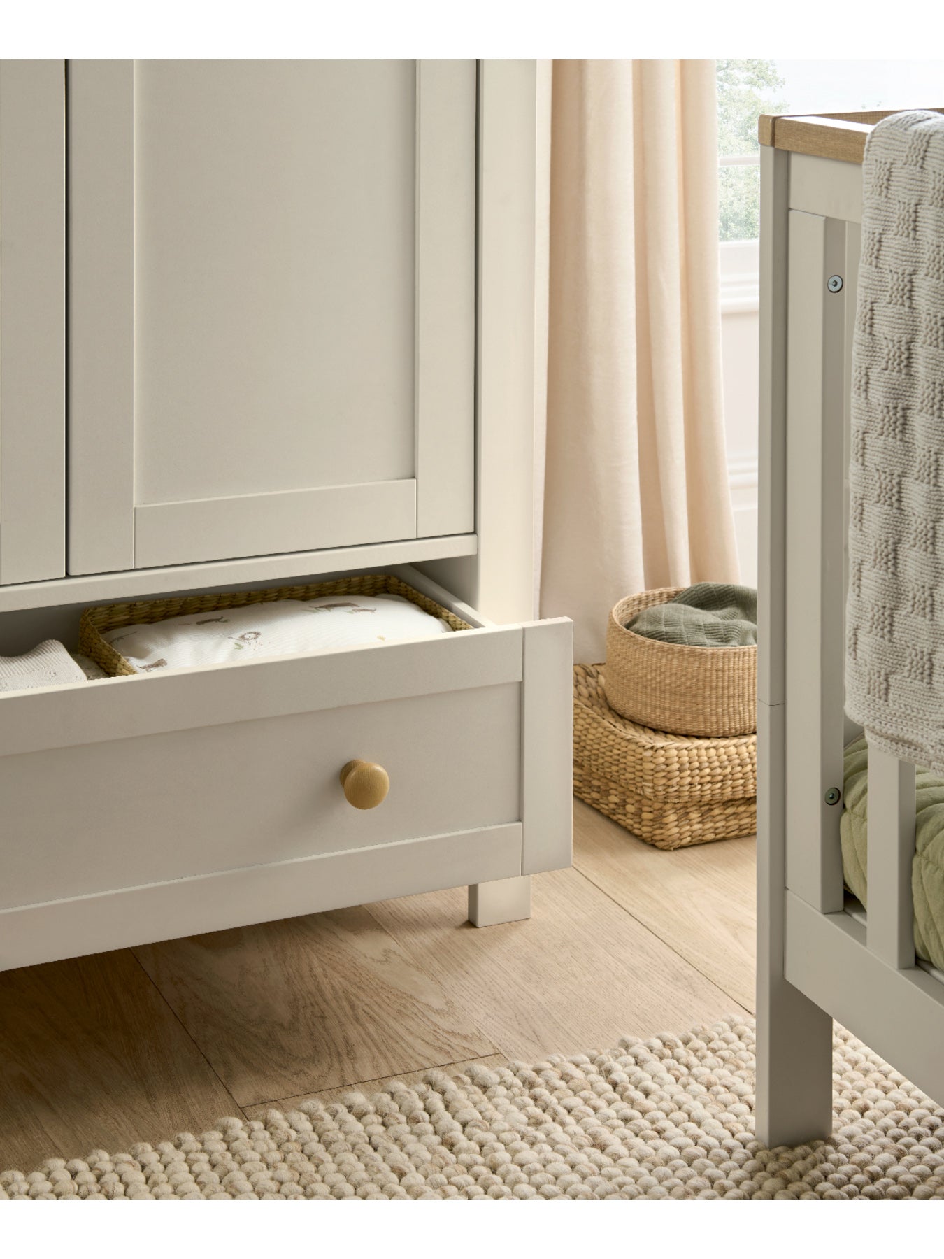 Wedmore 3 Piece Cot Bed Set with Dresser Changer & Wardrobe White Natural