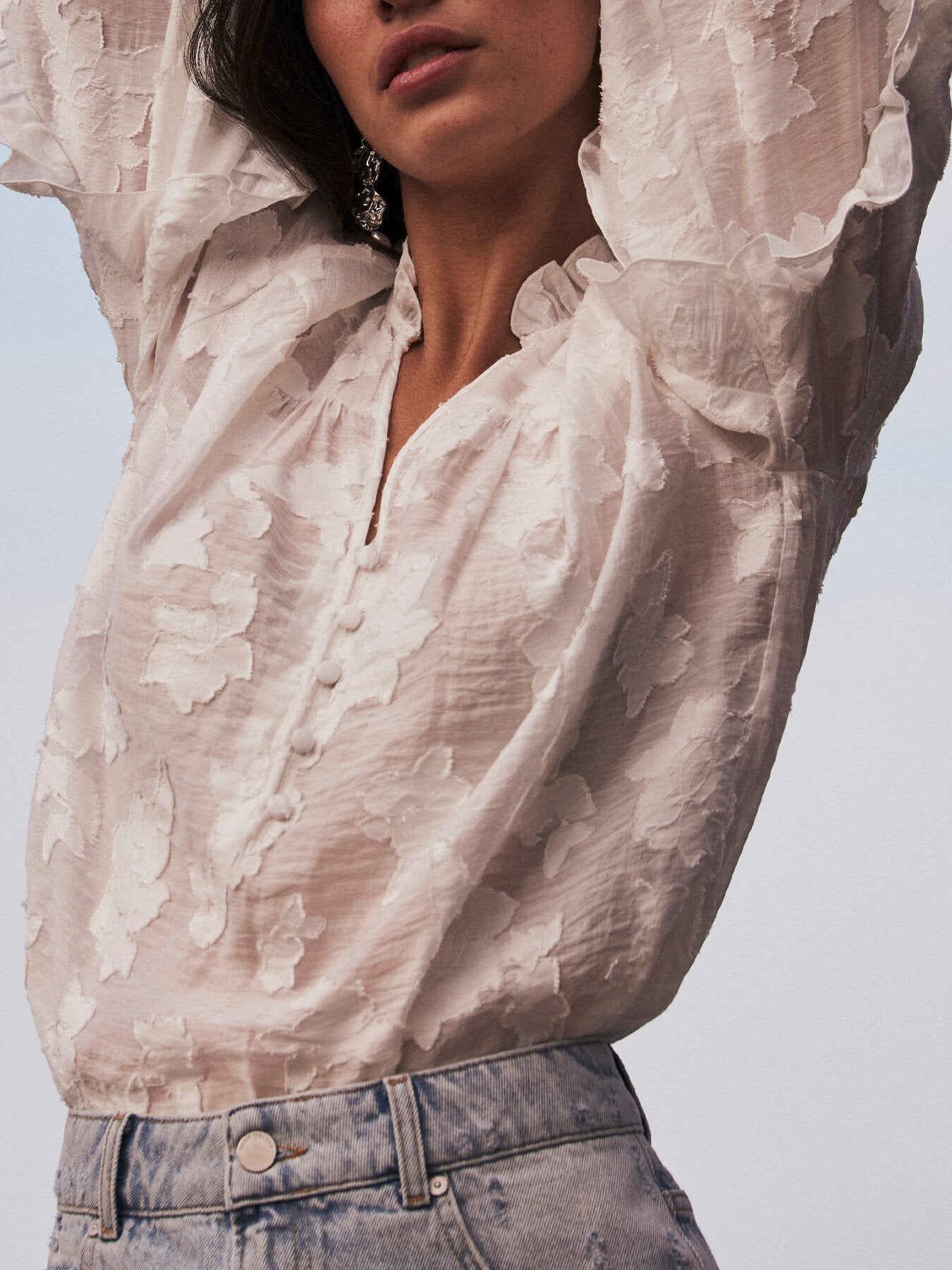 White Jacquard Ruffle Blouse
