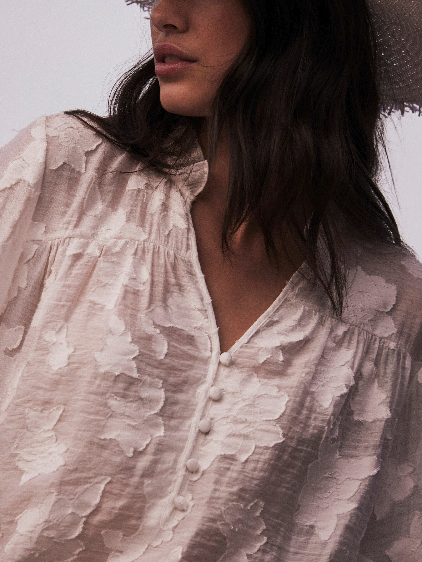 White Jacquard Ruffle Blouse