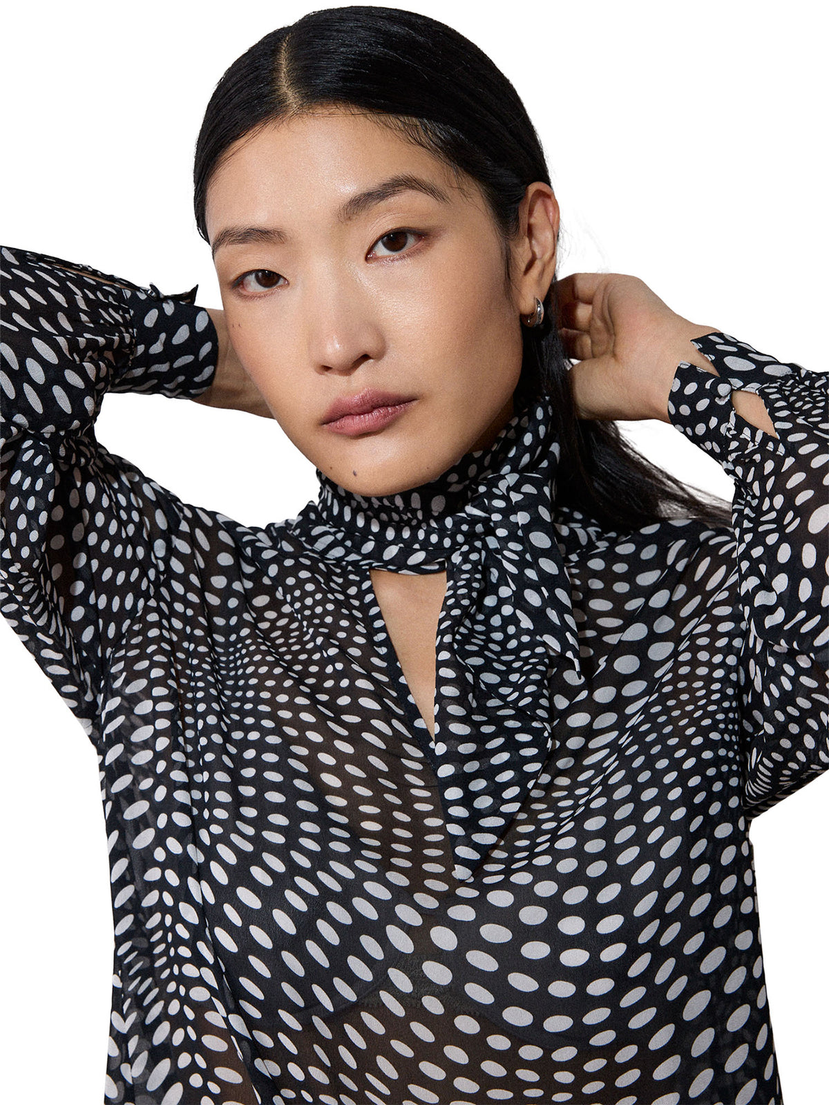 Mixed Dot Sheer Sleeve Blouse