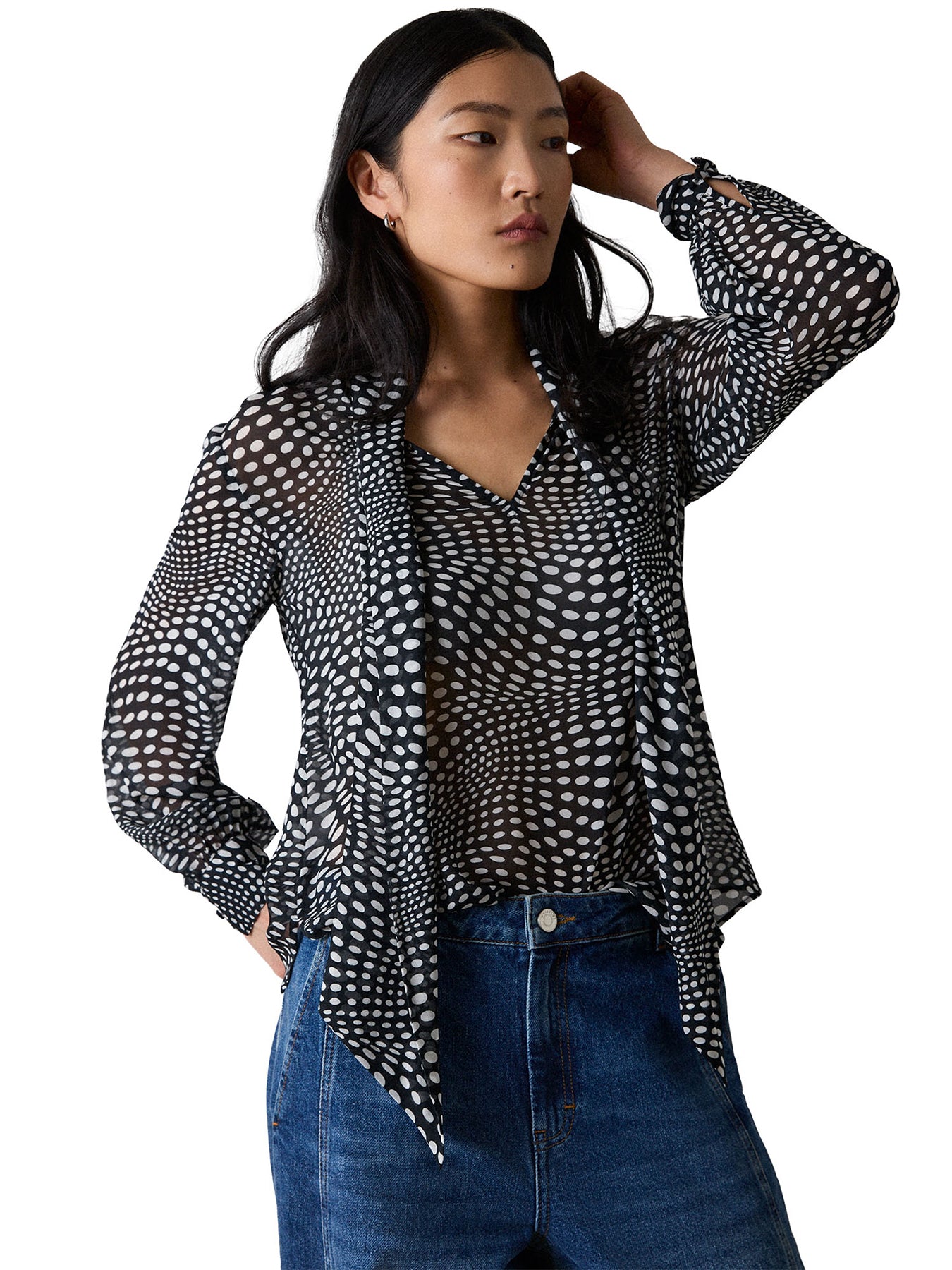 Mixed Dot Sheer Sleeve Blouse