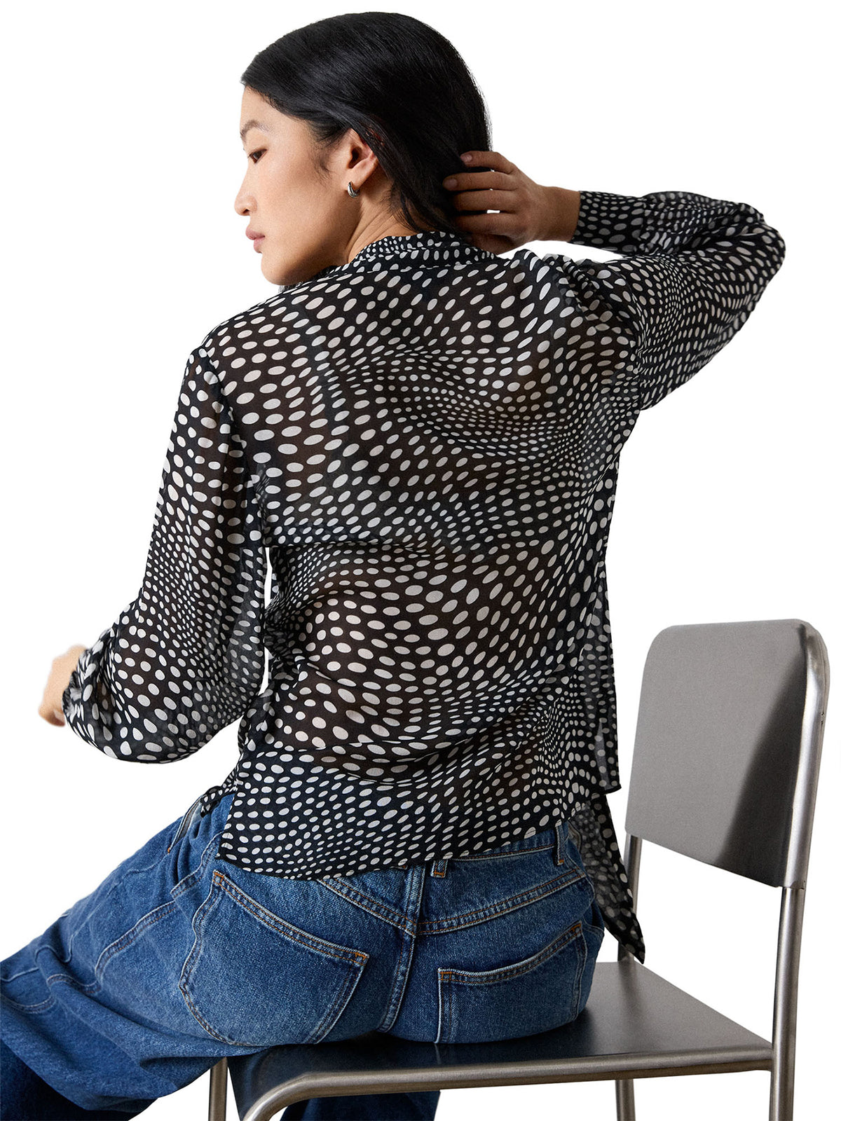 Mixed Dot Sheer Sleeve Blouse