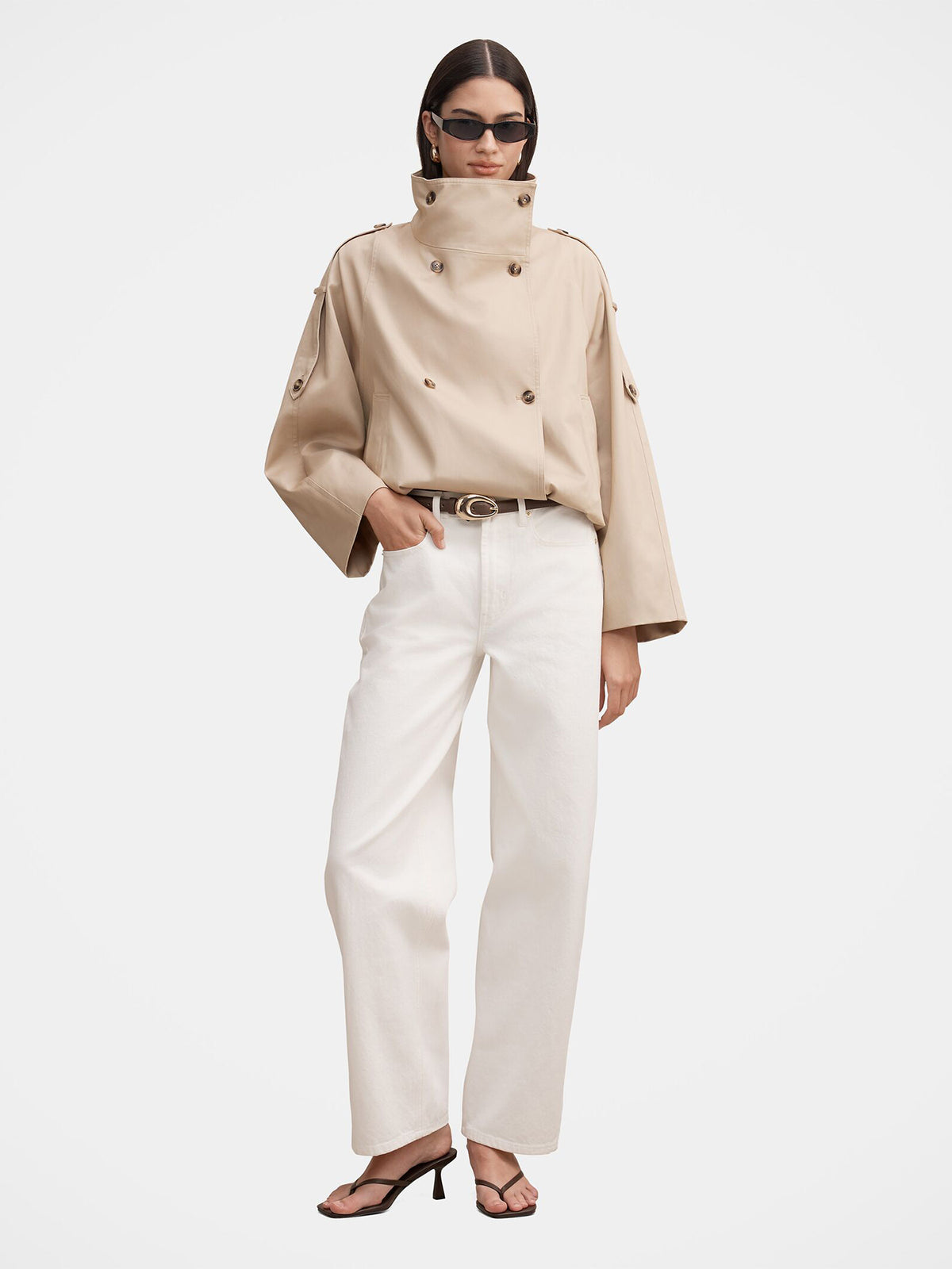 Cotton Billie Funnel Neck Short Trench Coat - Sand