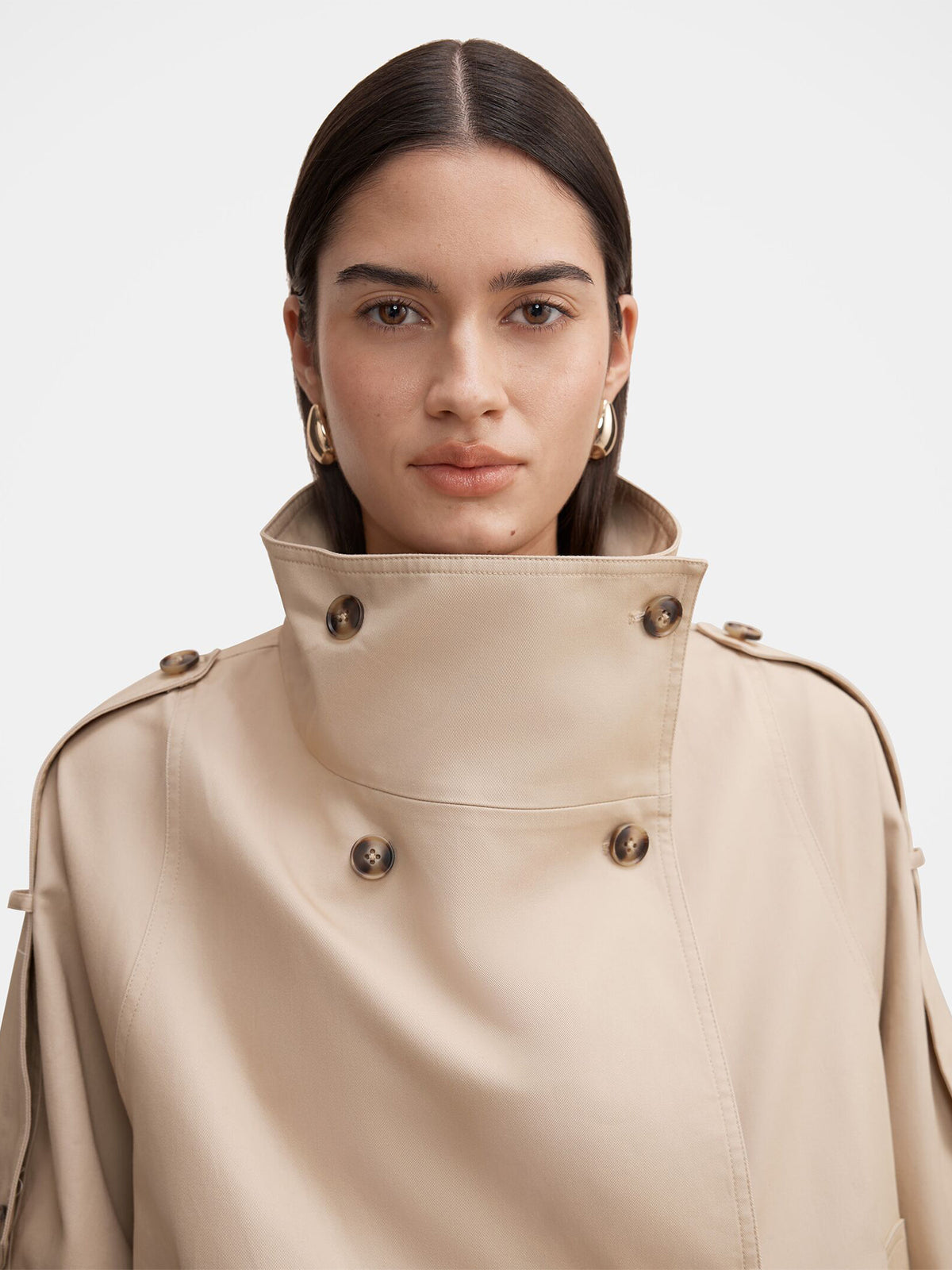 Cotton Billie Funnel Neck Short Trench Coat - Sand