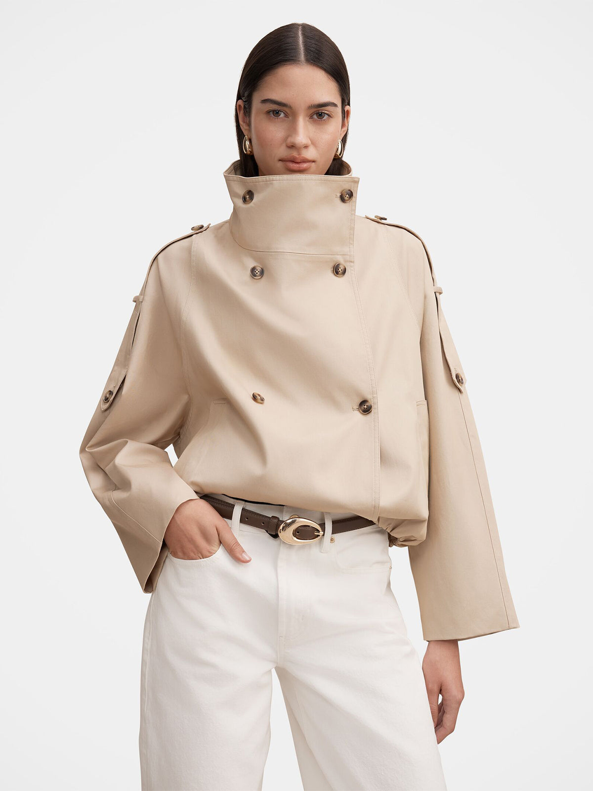 Cotton Billie Funnel Neck Short Trench Coat - Sand