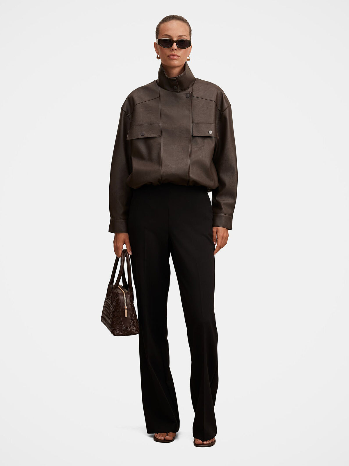 Angela Oversized Vegan Leather Bomber Jacket - Chocolate