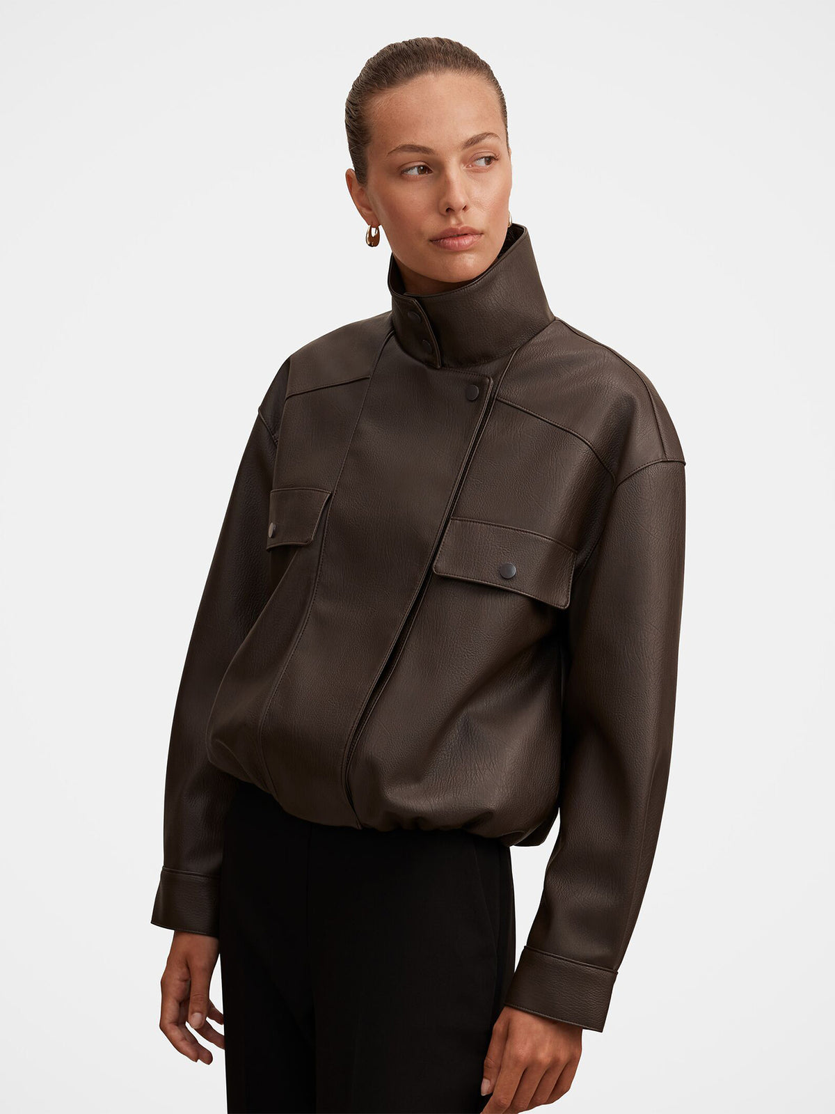 Angela Oversized Vegan Leather Bomber Jacket - Chocolate