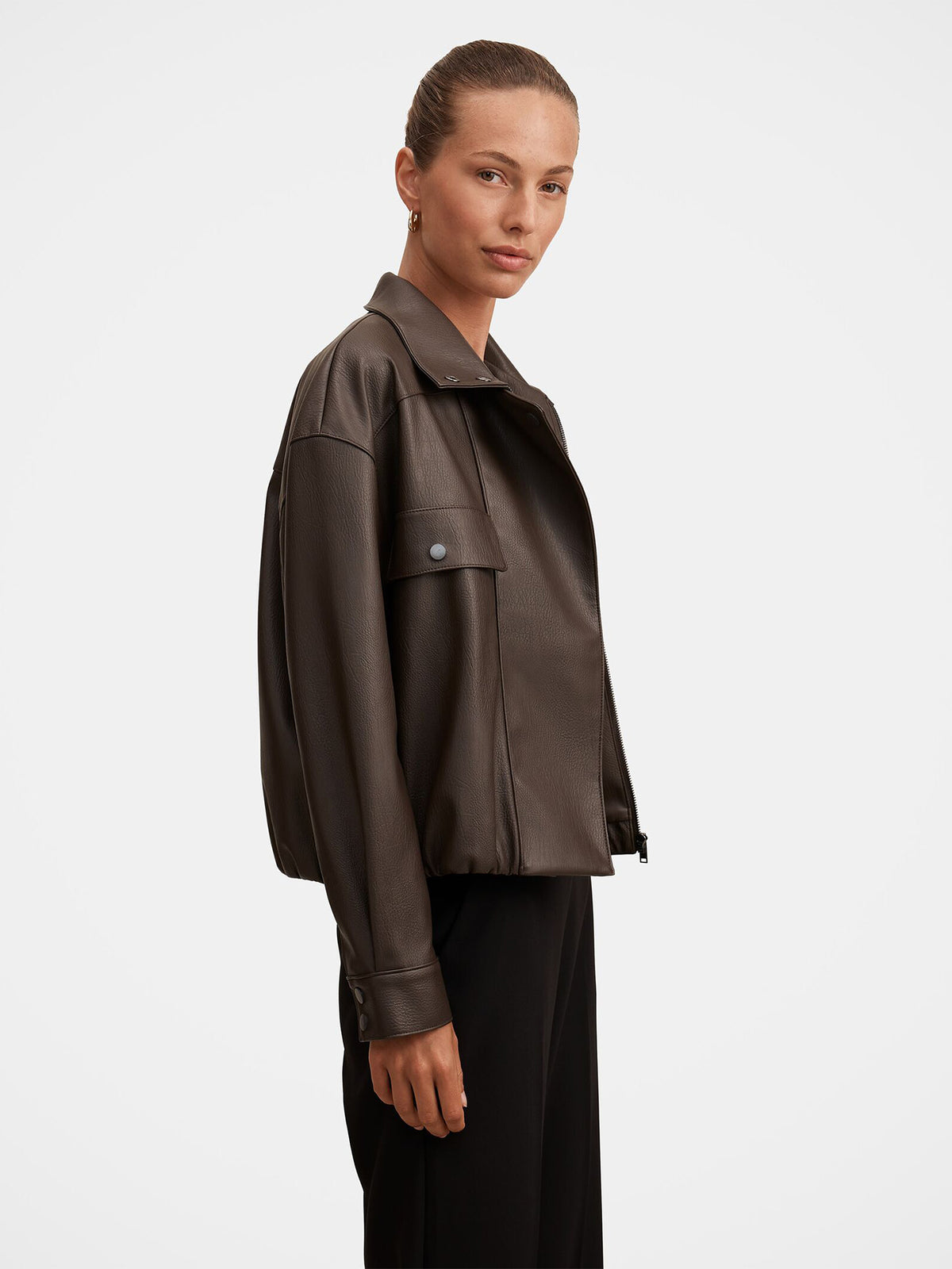 Angela Oversized Vegan Leather Bomber Jacket - Chocolate