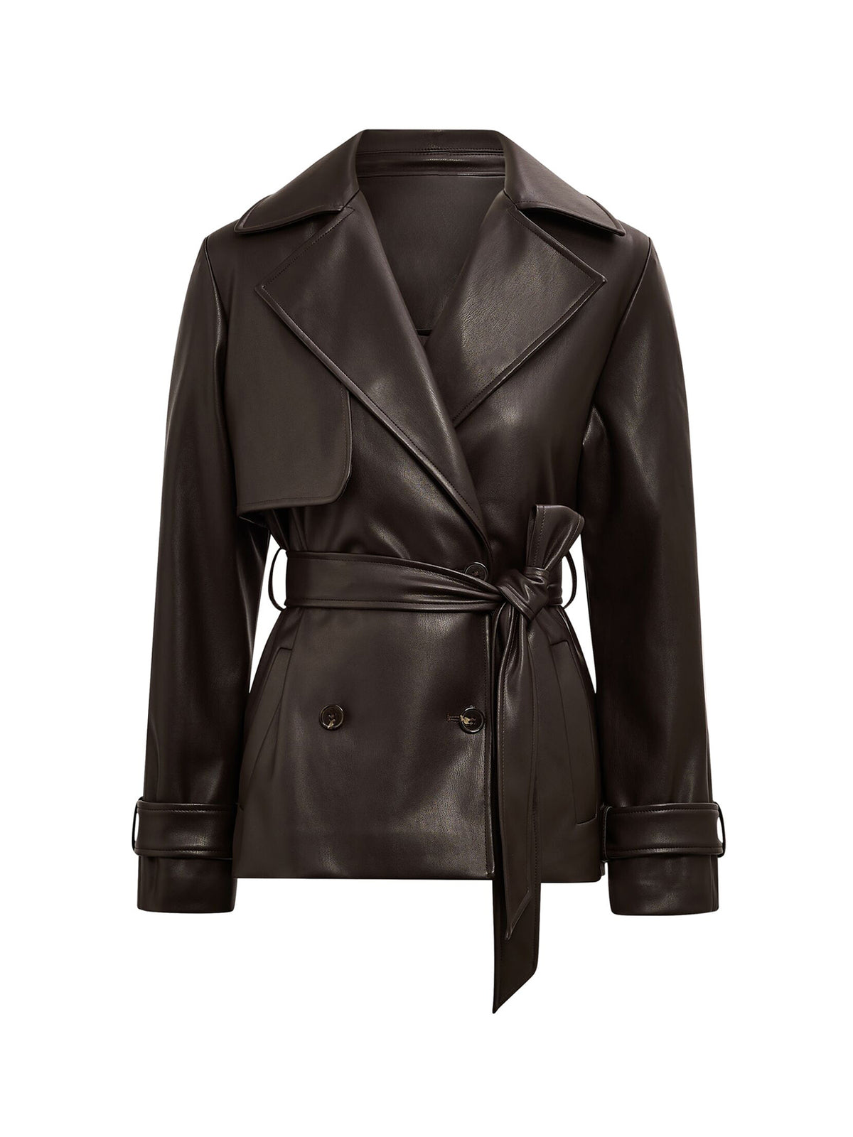 Payton Short Vegan Leather Trench Coat - Chocolate