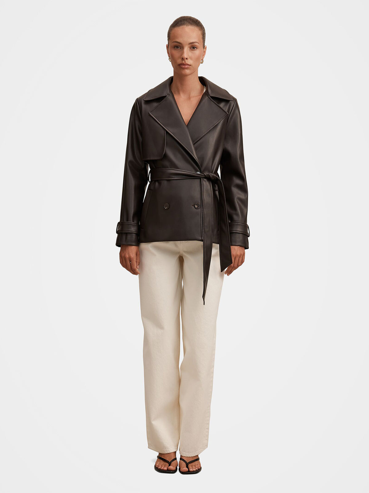 Payton Short Vegan Leather Trench Coat - Chocolate
