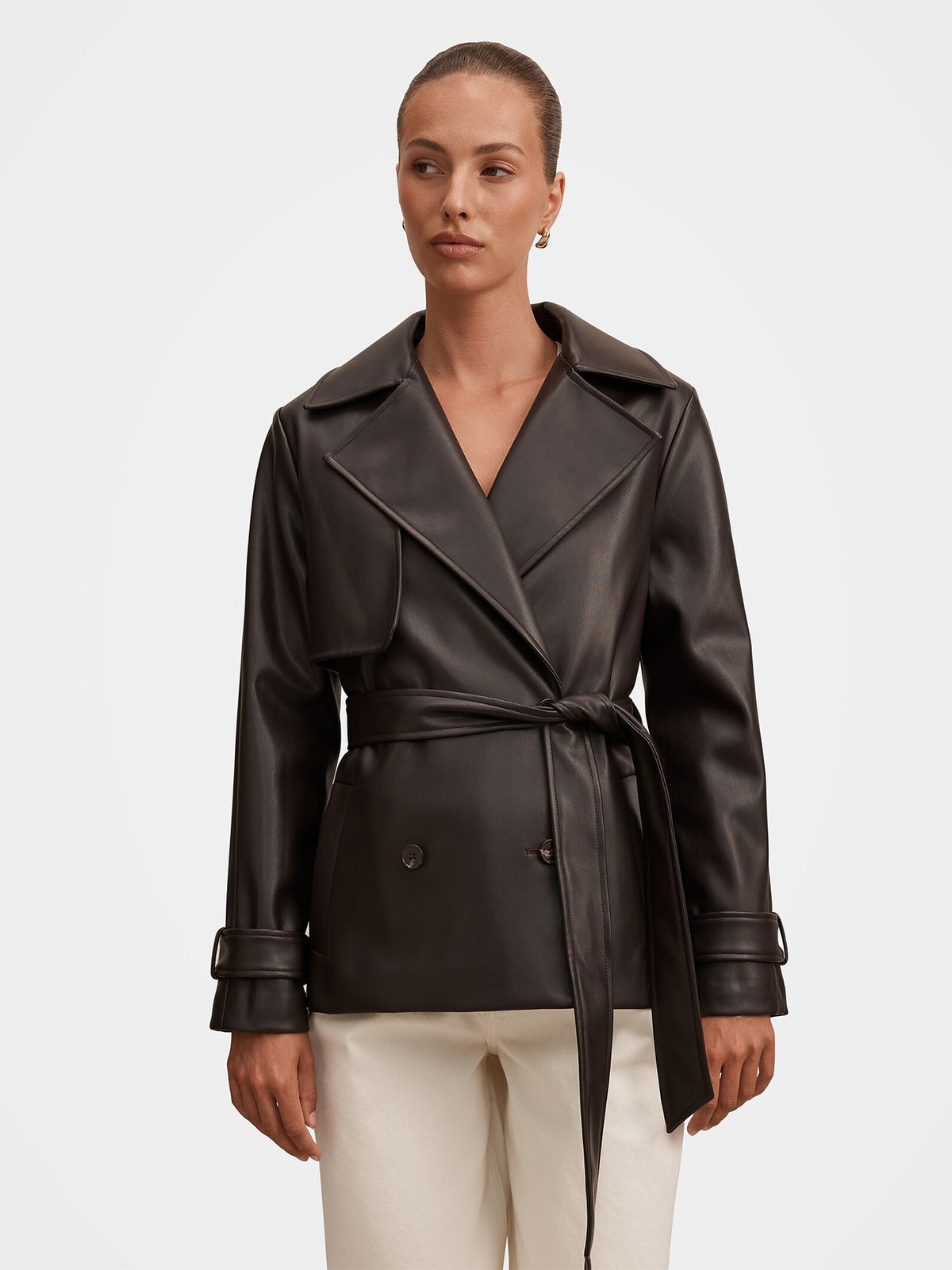 Payton Short Vegan Leather Trench Coat - Chocolate