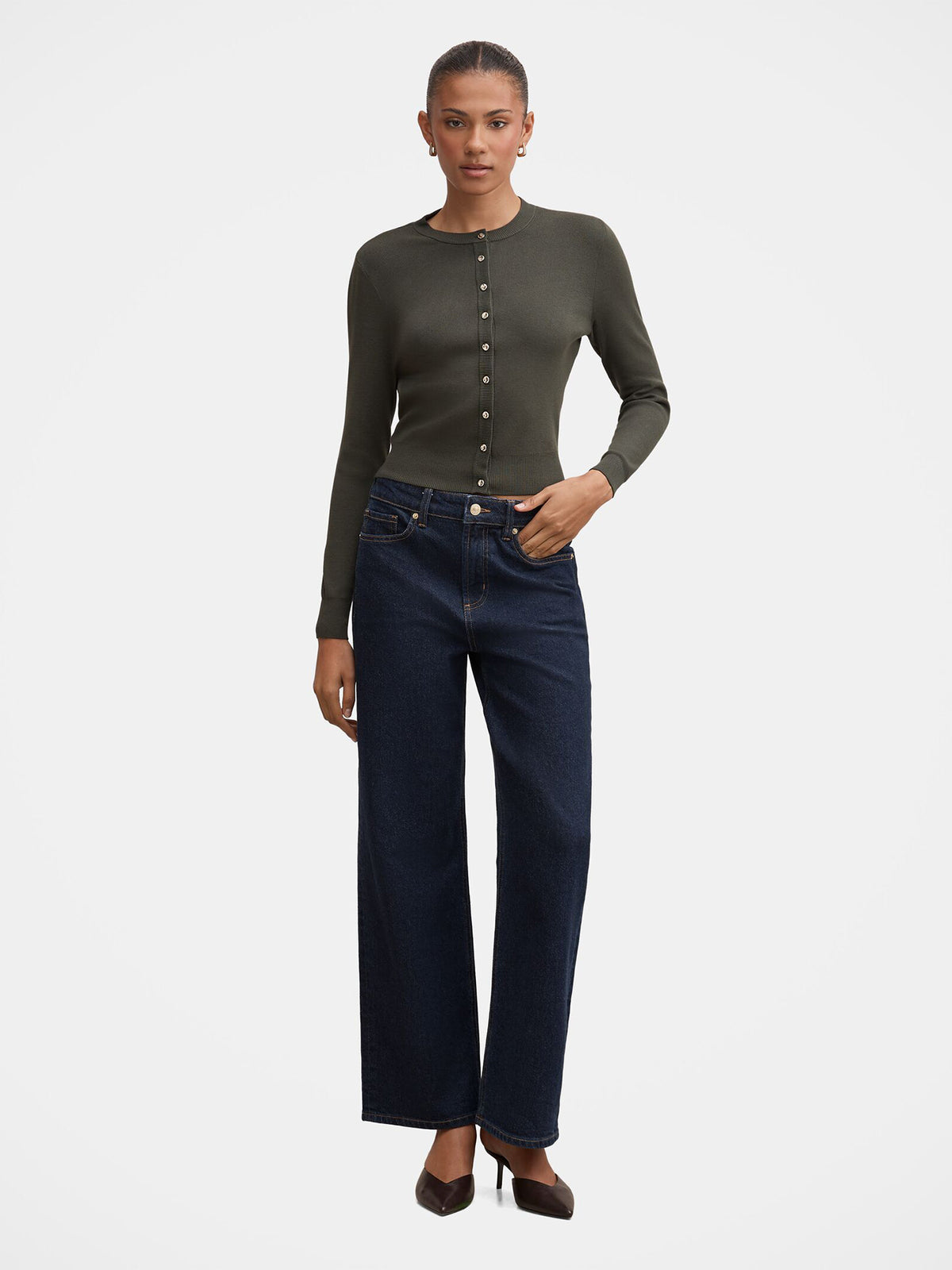 Viscose Rylee Crew Neck Cardigan - Olive Green