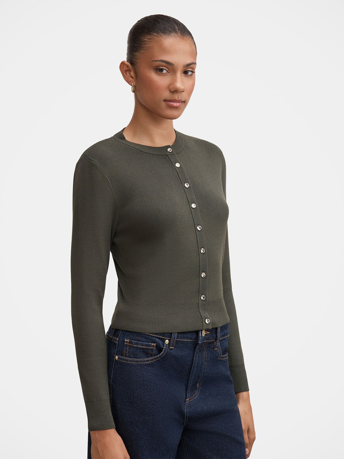 Viscose Rylee Crew Neck Cardigan - Olive Green