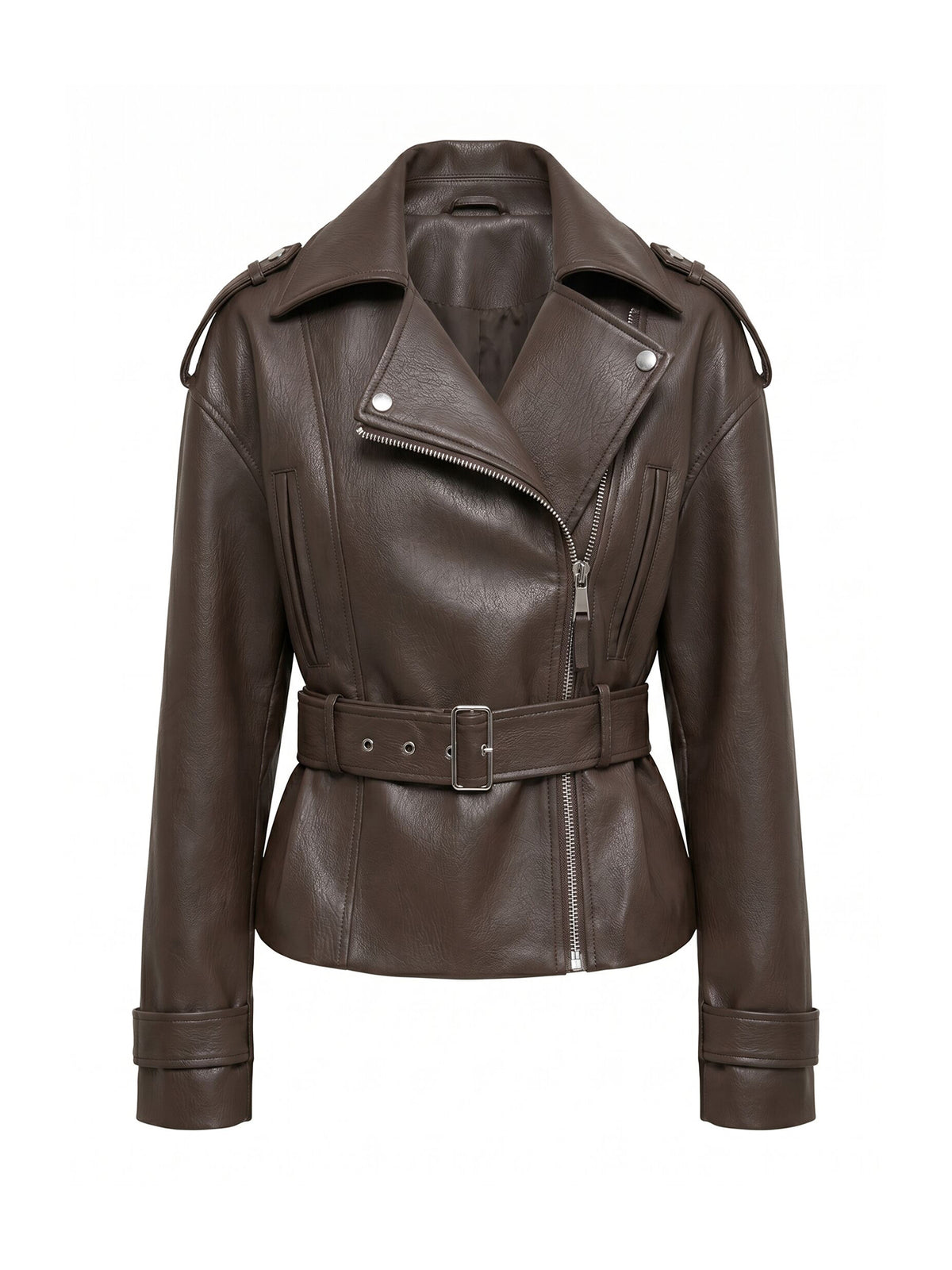 Brooklyn Vegan Leather Belted Biker Jacket - Chocolate