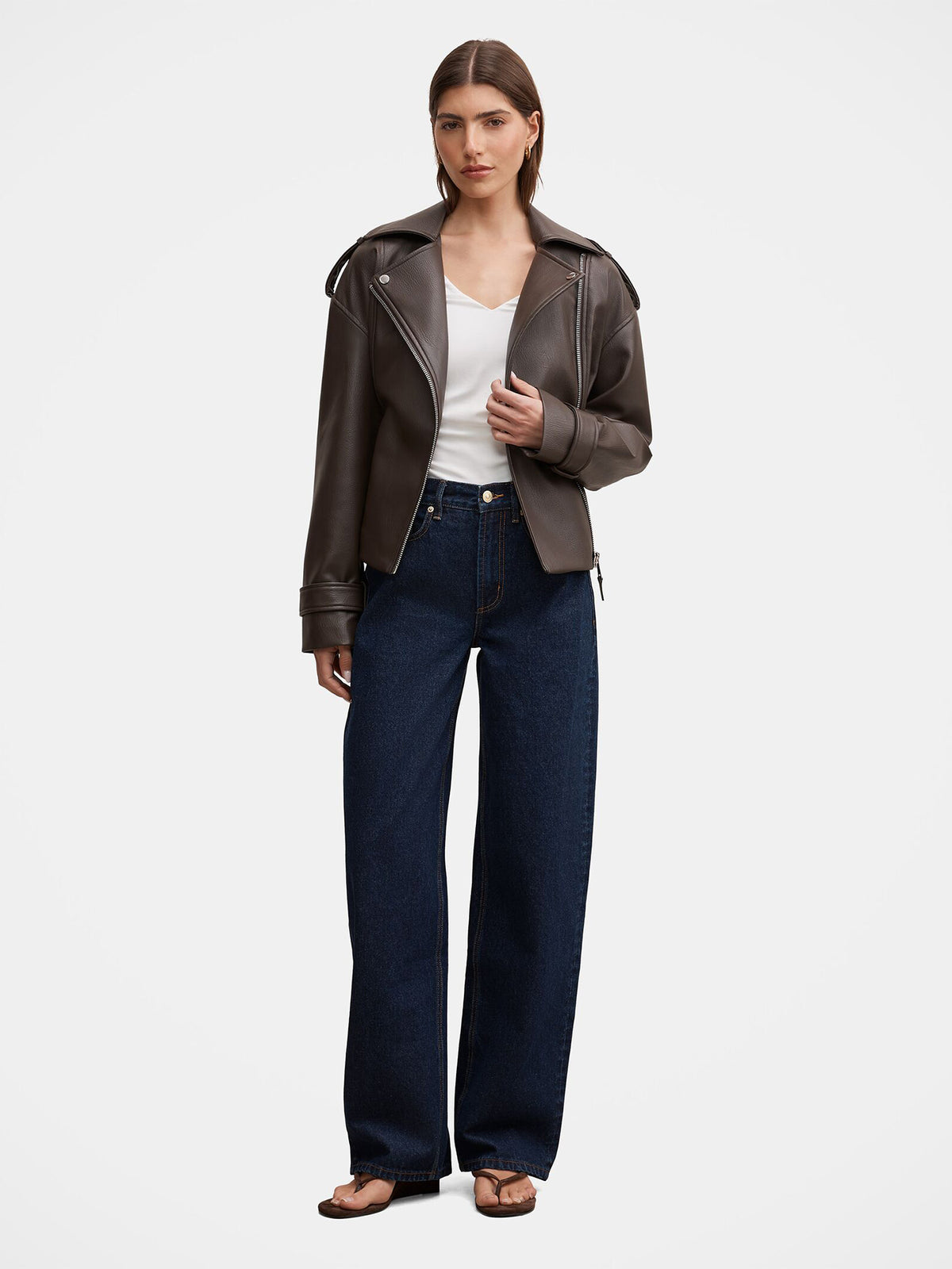 Brooklyn Vegan Leather Belted Biker Jacket - Chocolate