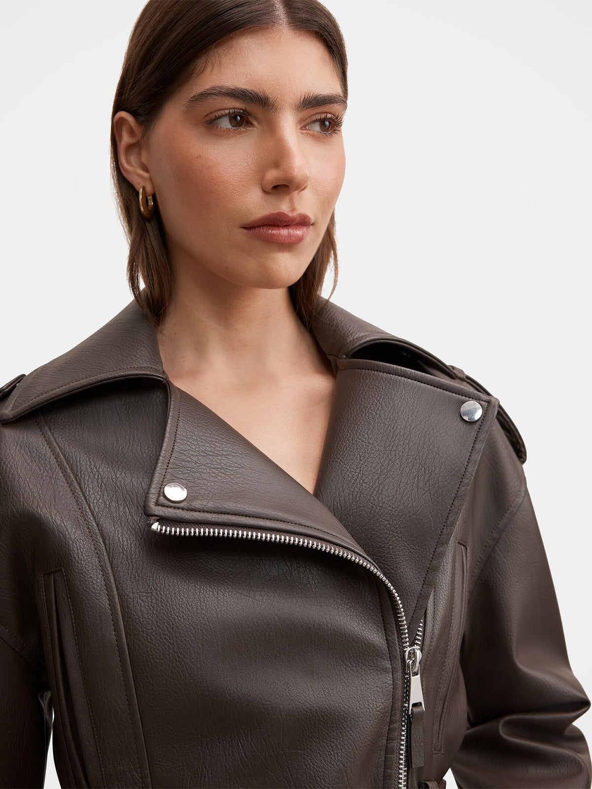 Brooklyn Vegan Leather Belted Biker Jacket - Chocolate