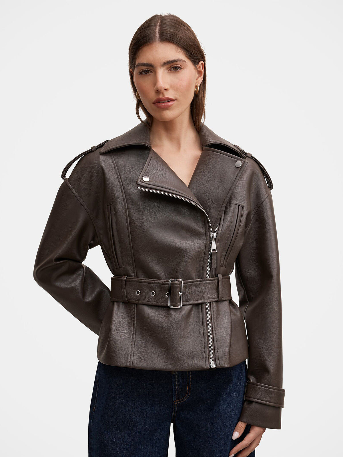 Brooklyn Vegan Leather Belted Biker Jacket - Chocolate