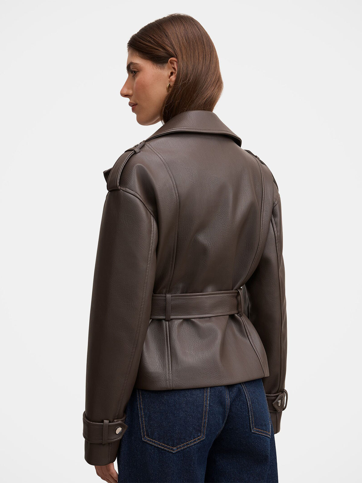 Brooklyn Vegan Leather Belted Biker Jacket - Chocolate