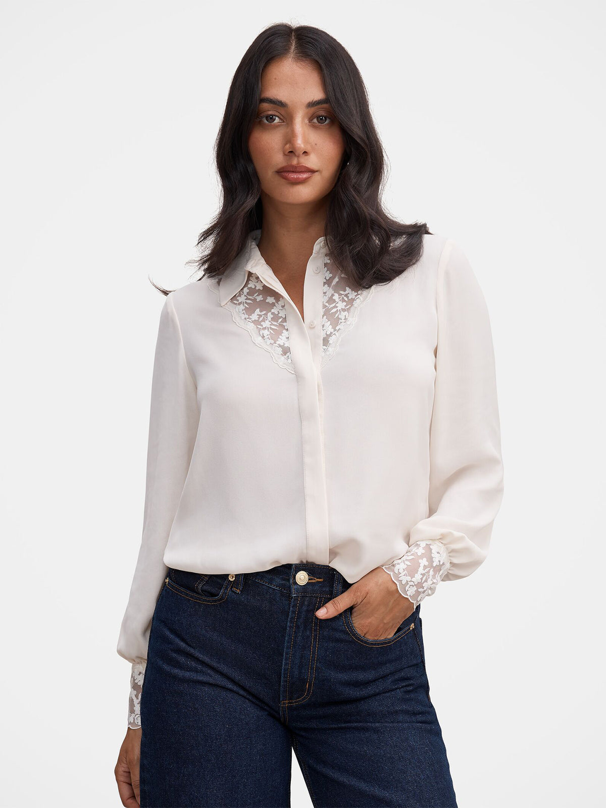 Hannah Lace Trim Shirt - Neutral