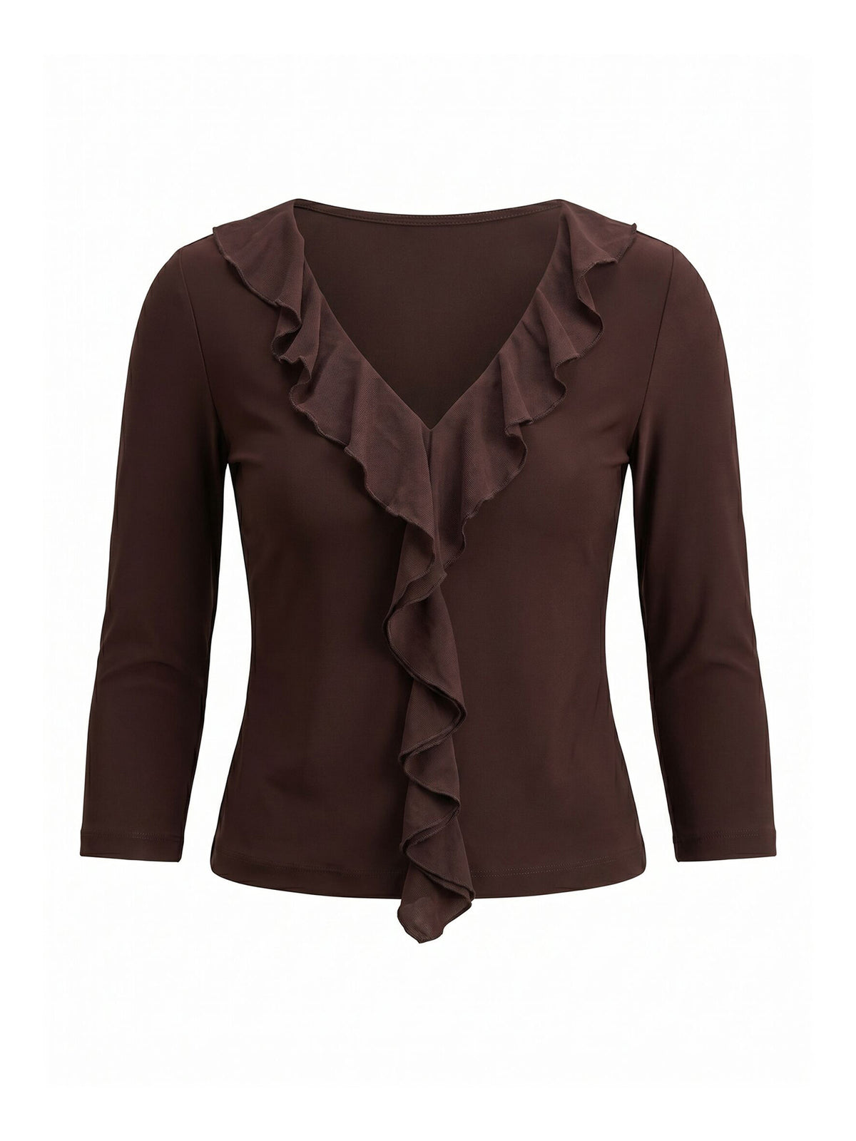 Orla Ruffle Three-Quarter Sleeve Top - Chocolate