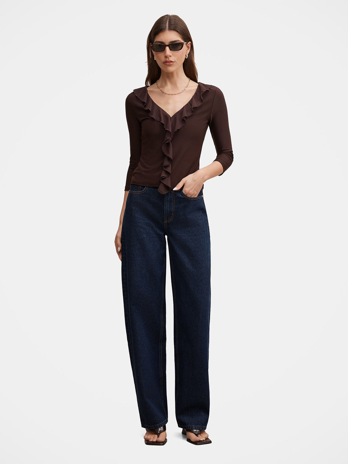 Orla Ruffle Three-Quarter Sleeve Top - Chocolate