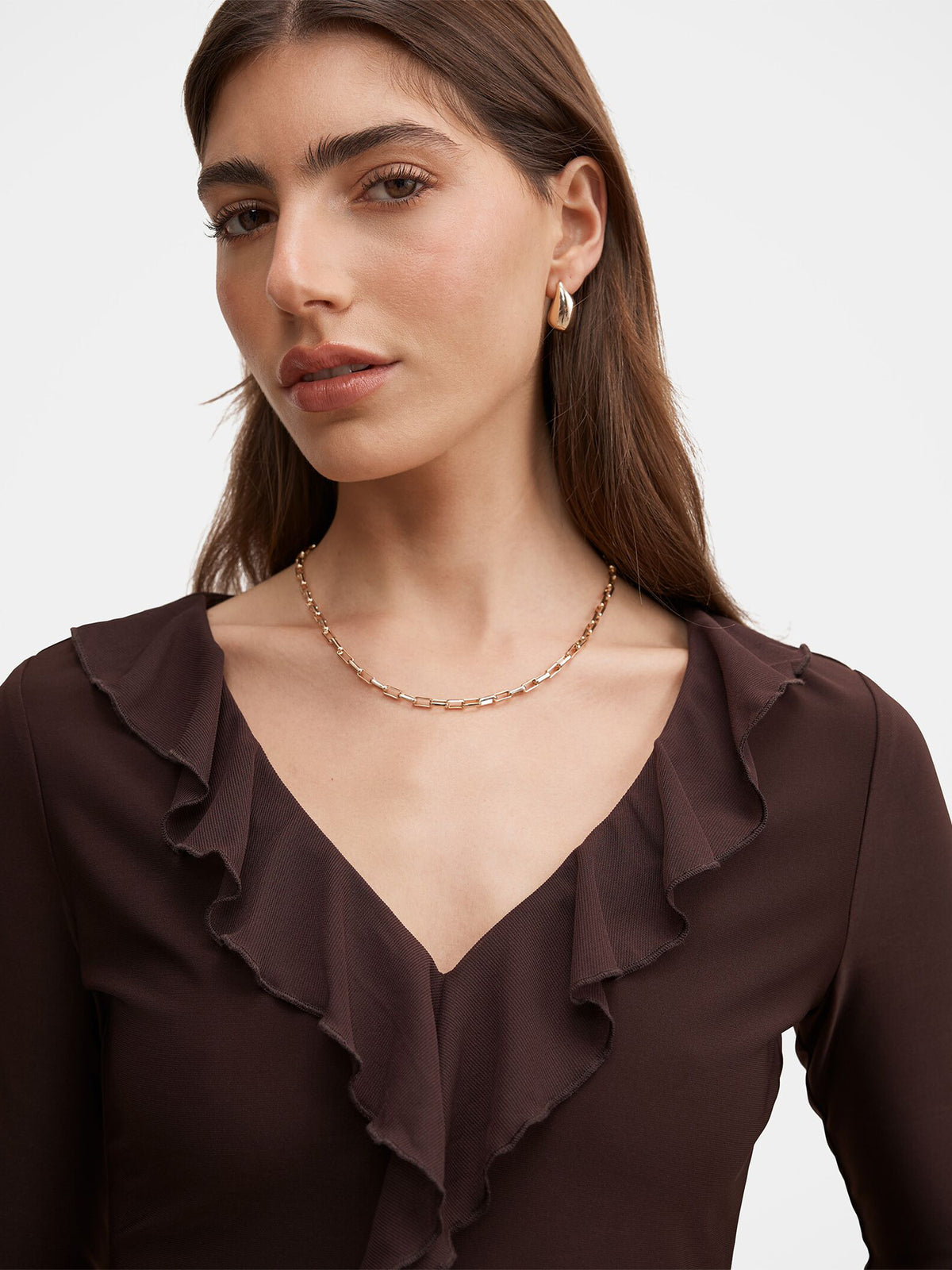 Orla Ruffle Three-Quarter Sleeve Top - Chocolate