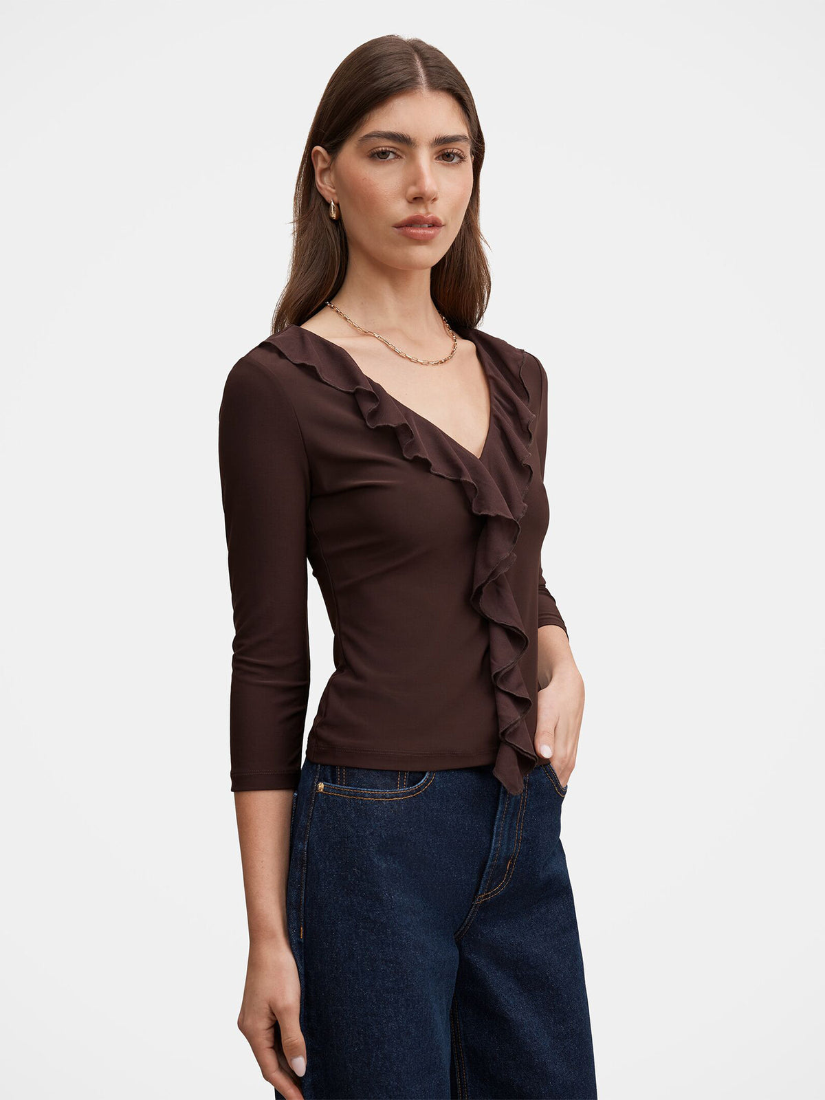 Orla Ruffle Three-Quarter Sleeve Top - Chocolate
