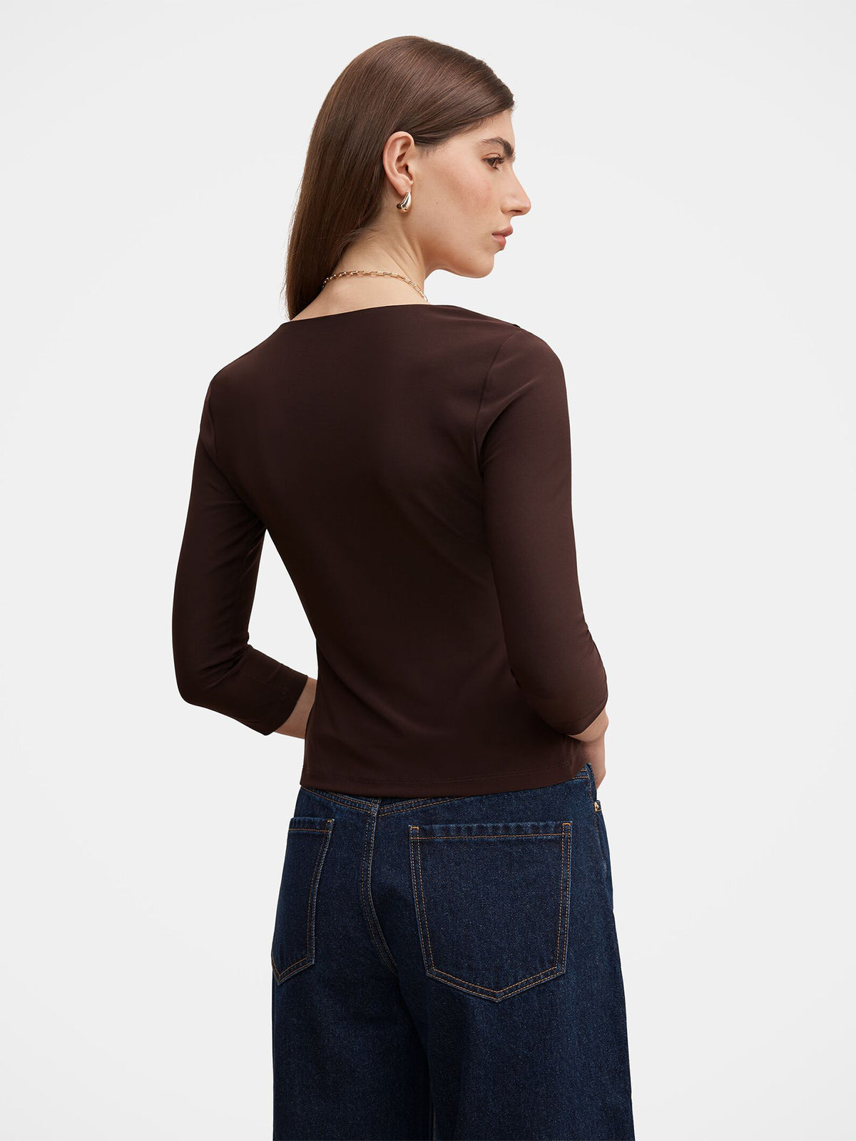 Orla Ruffle Three-Quarter Sleeve Top - Chocolate