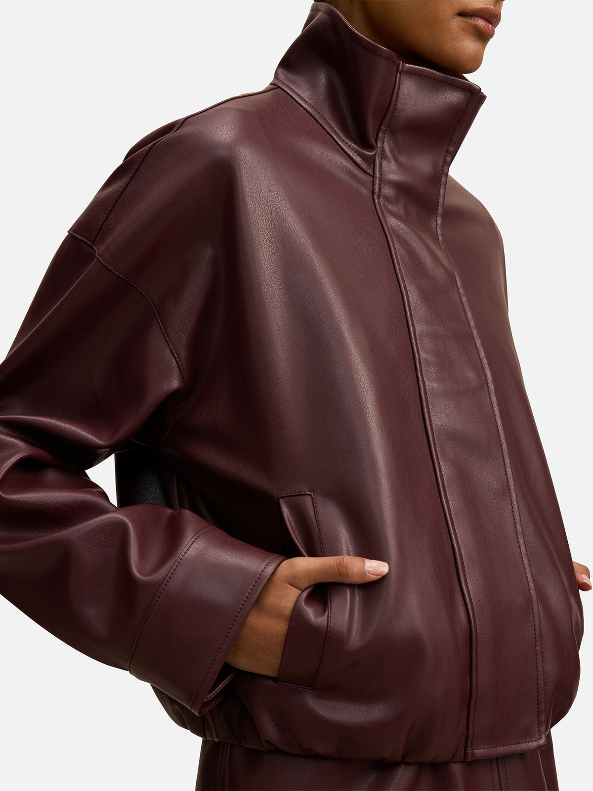 Jacquie Petite Vegan Leather Funnel Neck Jacket - Bella Berry