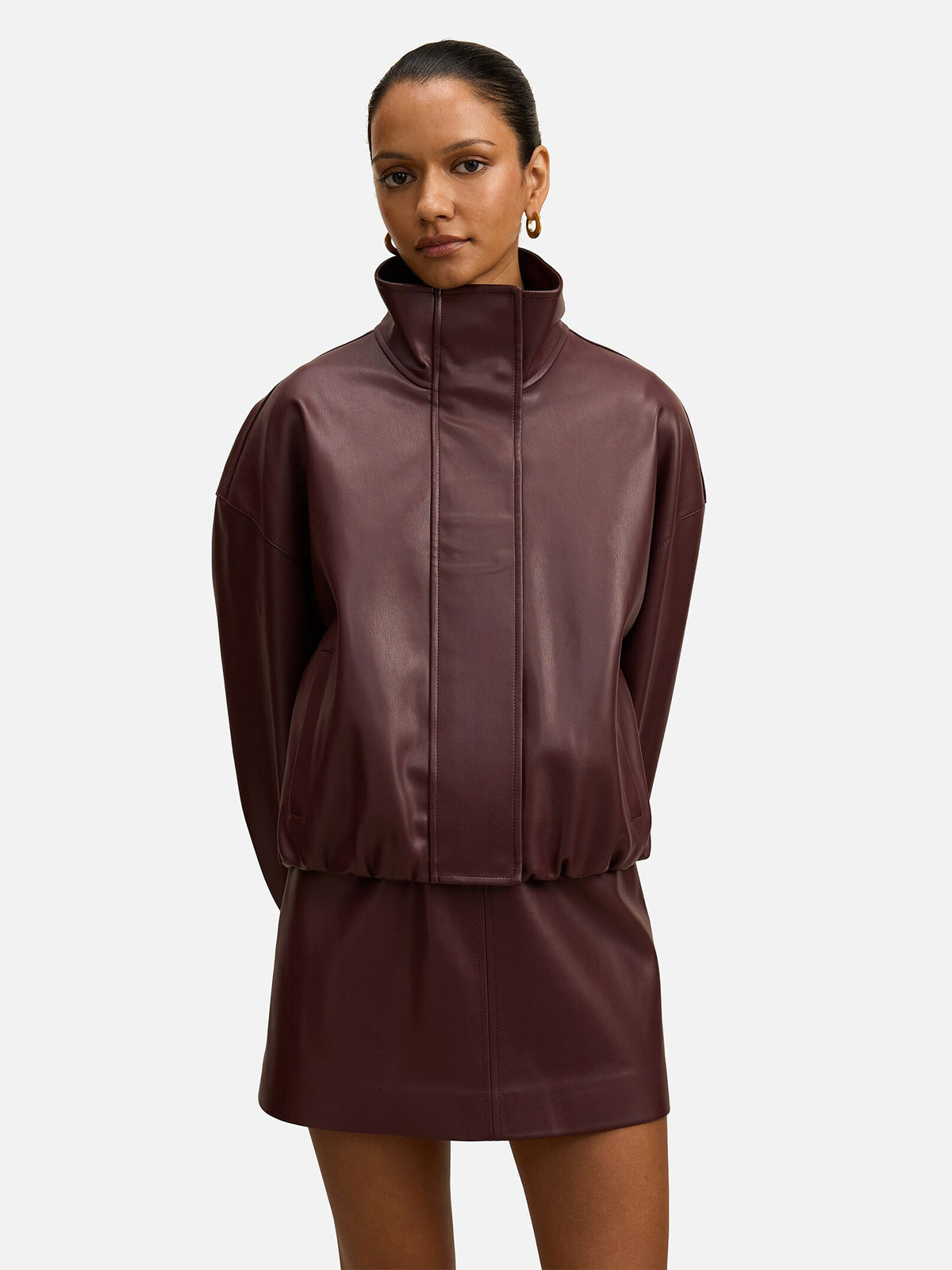 Jacquie Petite Vegan Leather Funnel Neck Jacket - Bella Berry