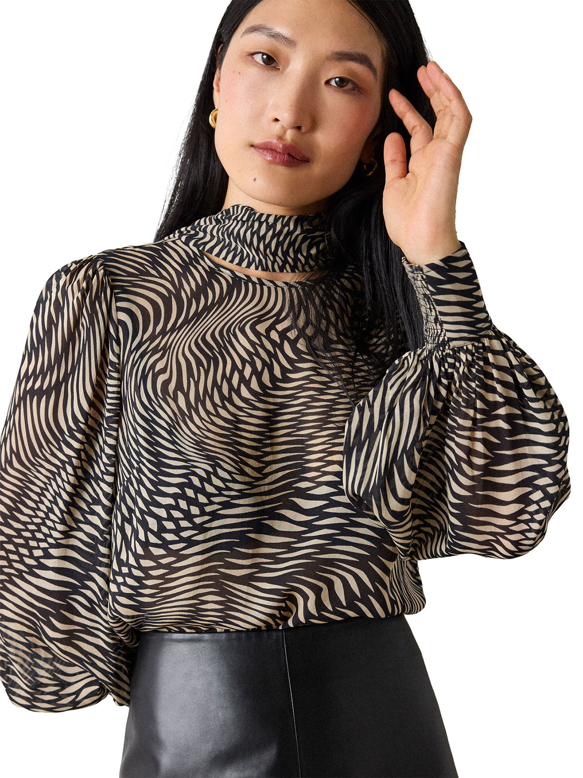 Geo Sheer Cuffed Blouse