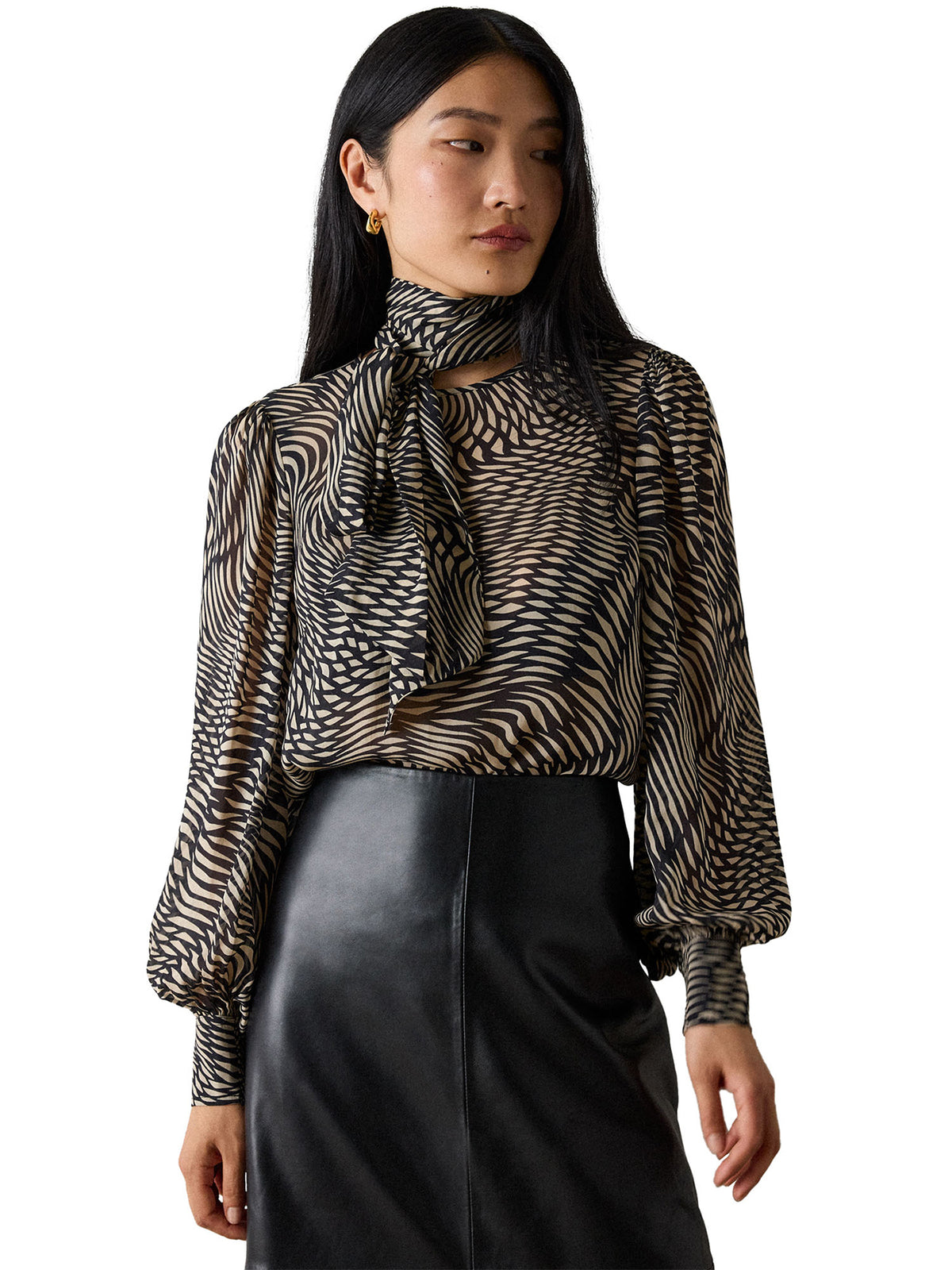 Geo Sheer Cuffed Blouse
